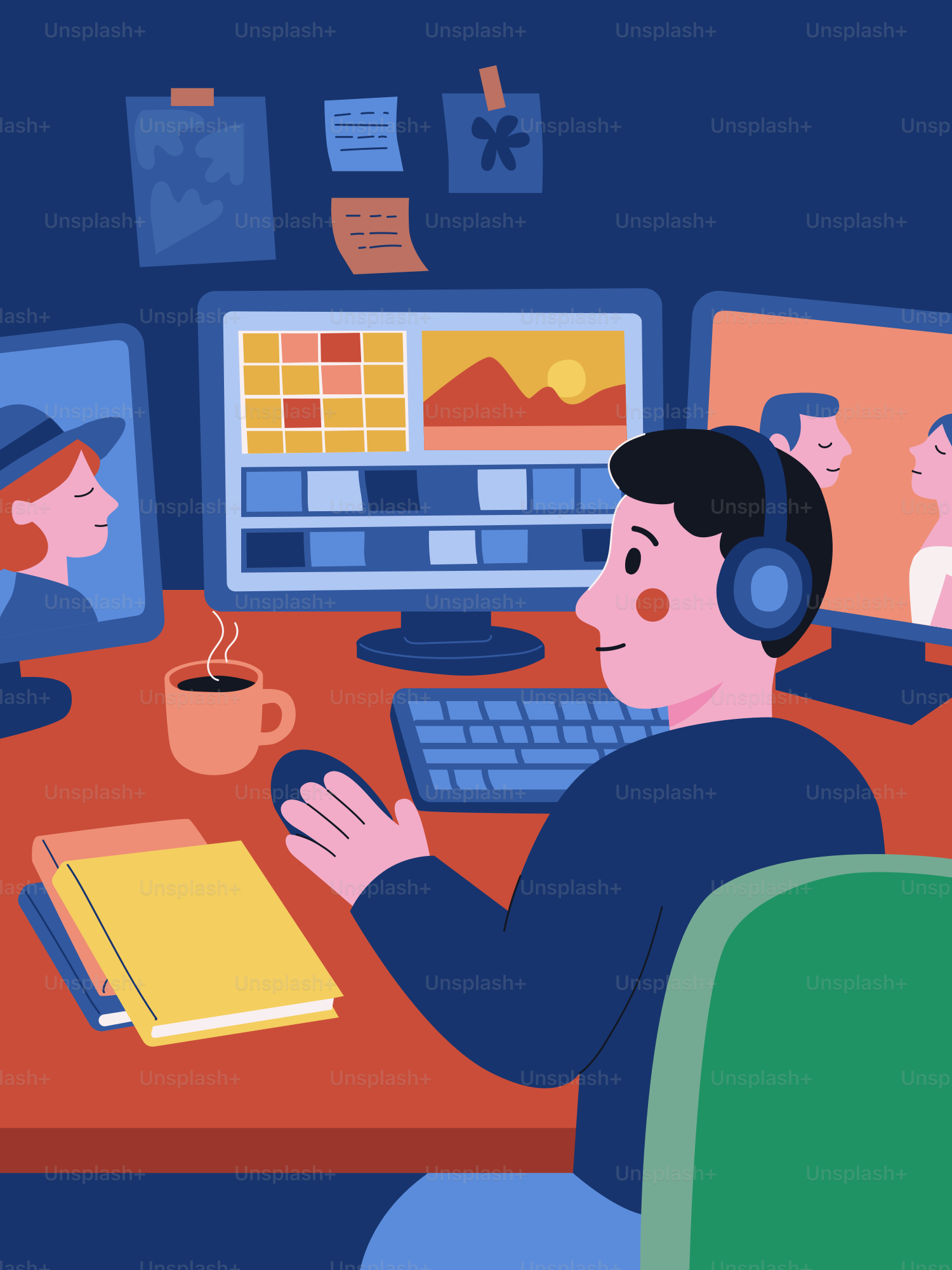 A person edits video on a computer.