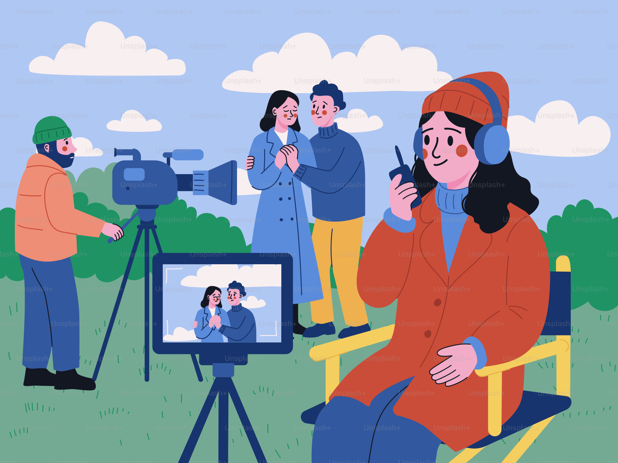 A movie is being filmed outdoors with actors.