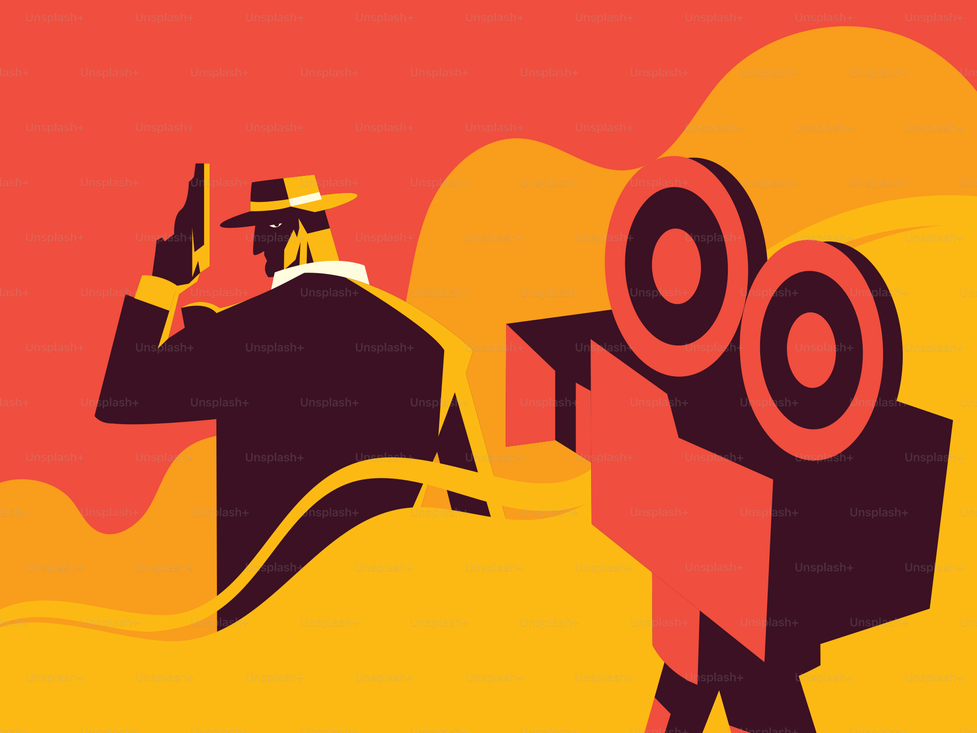 Un réalisateur filme un espion avec une caméra vintage.