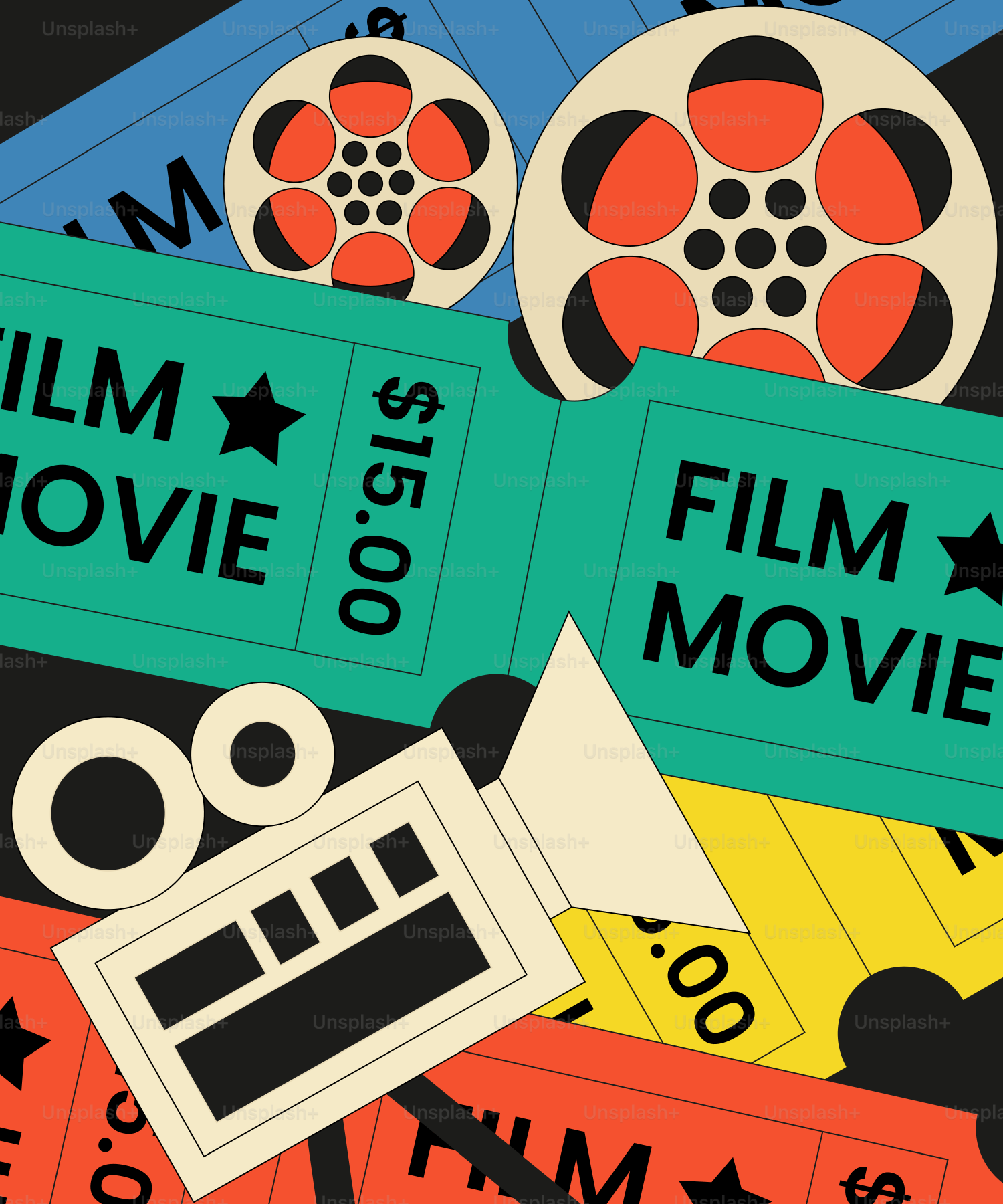 Movie reels, tickets, and a film camera are shown.