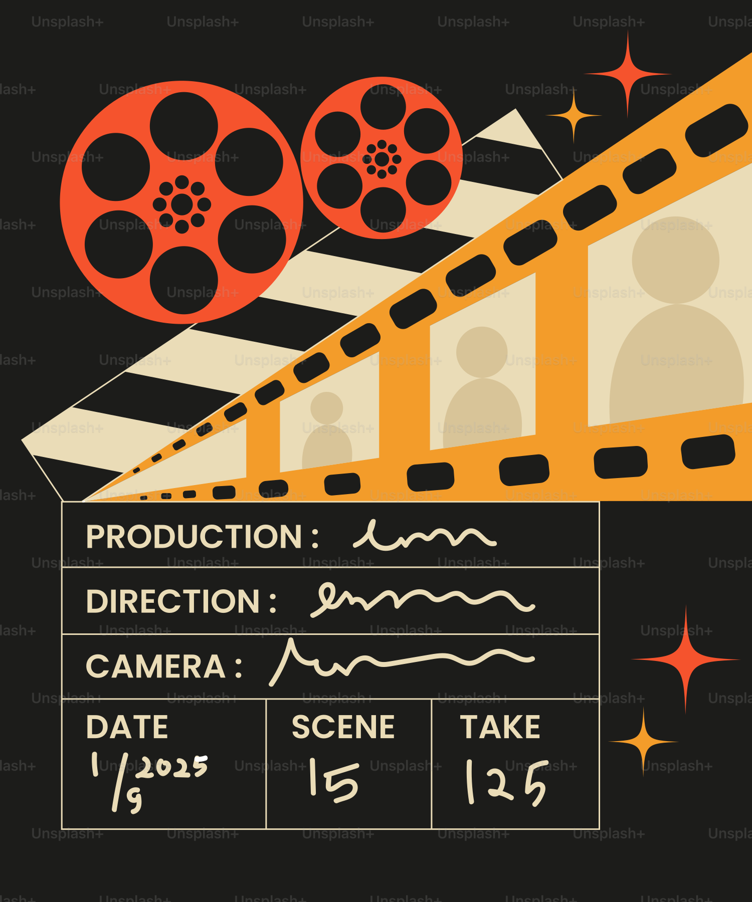 Movie making: reels, clapperboard, and a film strip.