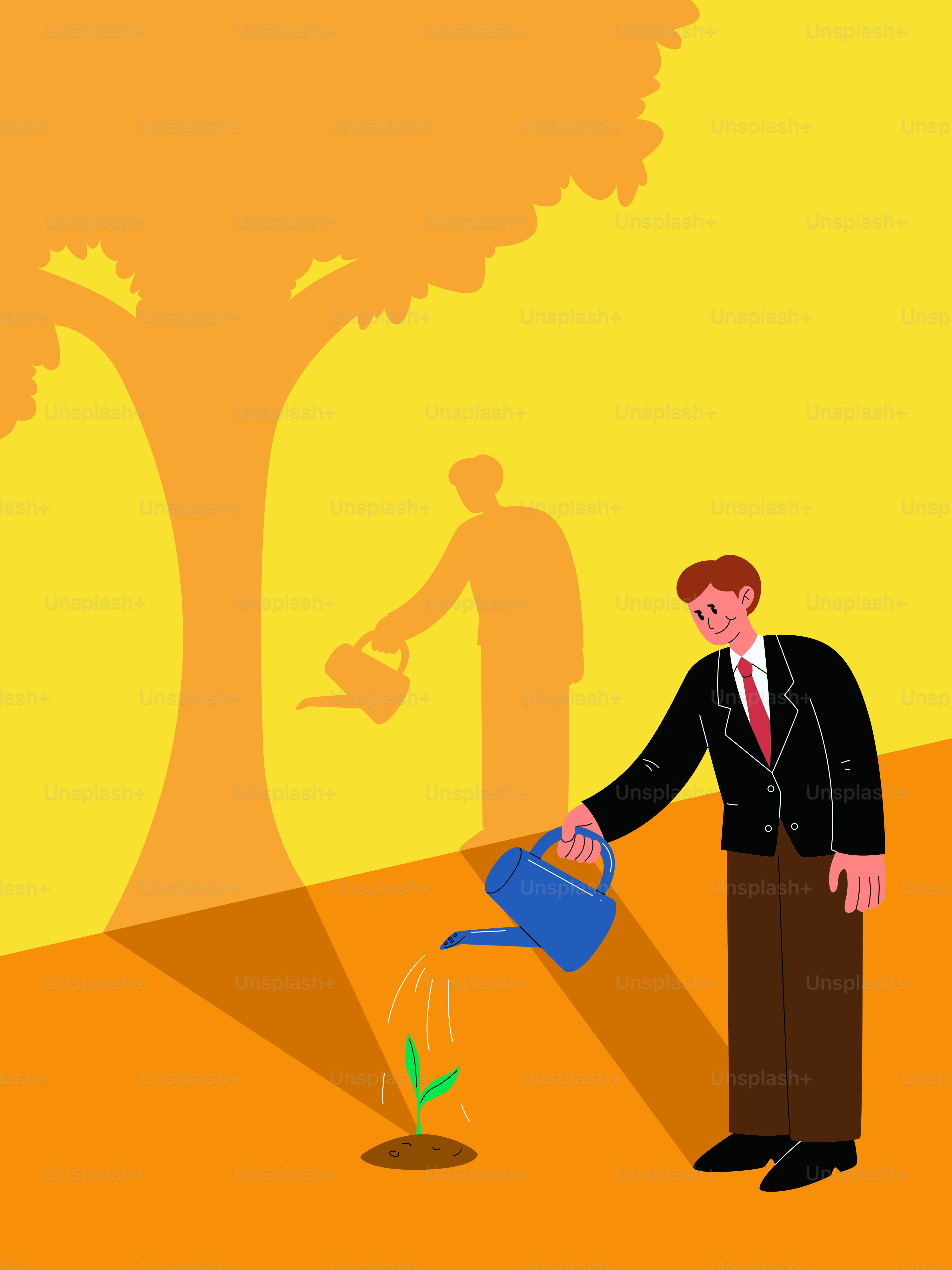 Ein Mann gießt eine Pflanze und fördert das Wachstum.