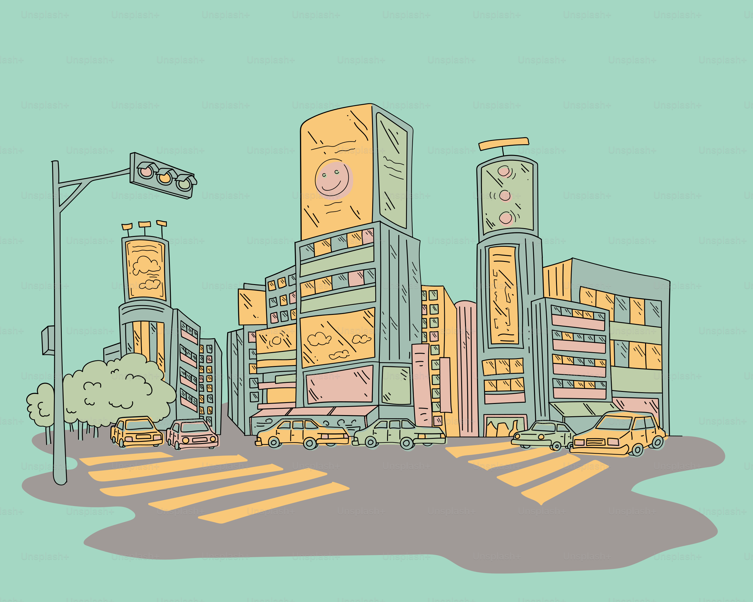 Cityscape with bright billboards and crosswalks.