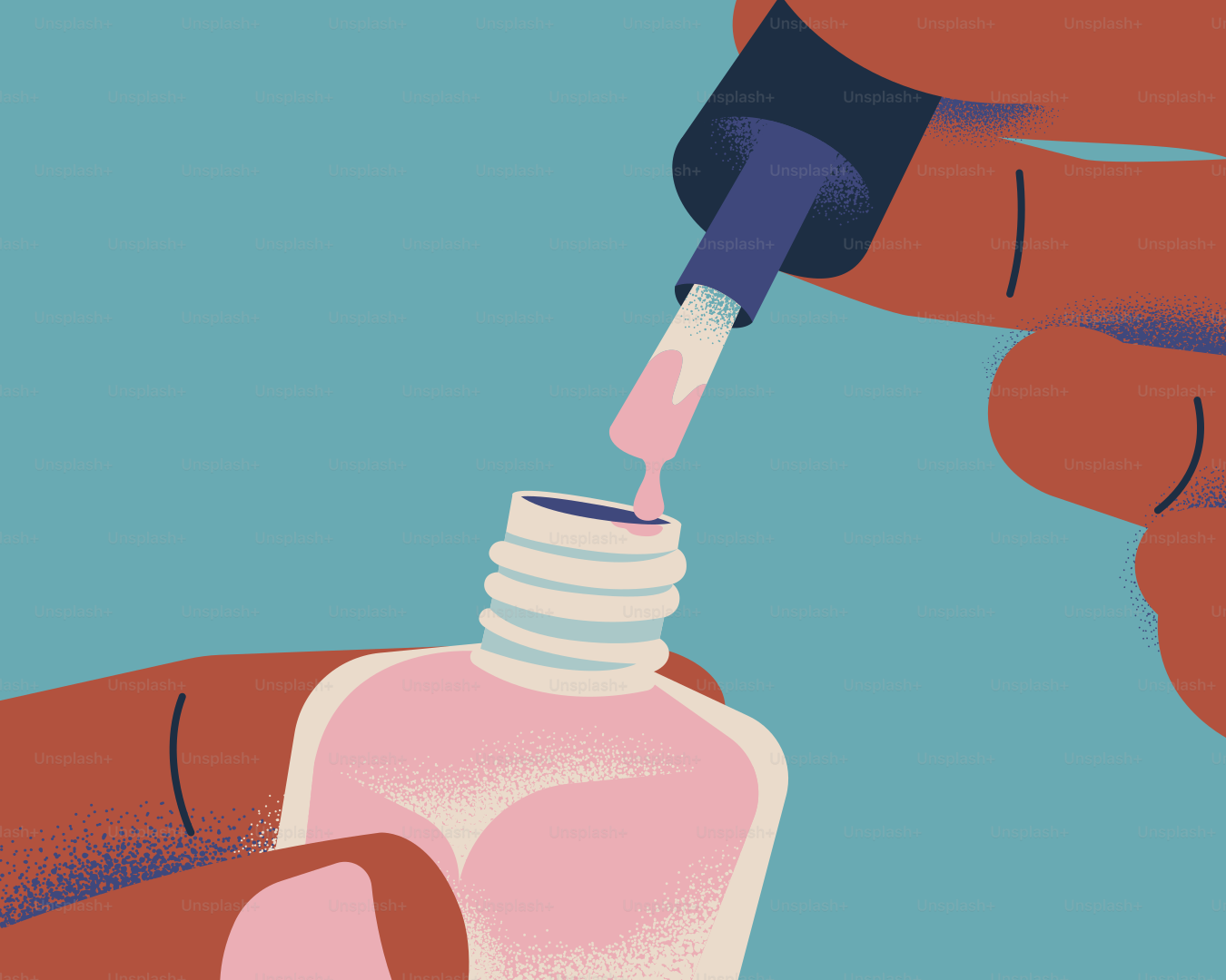 Applying pink nail polish from a bottle.