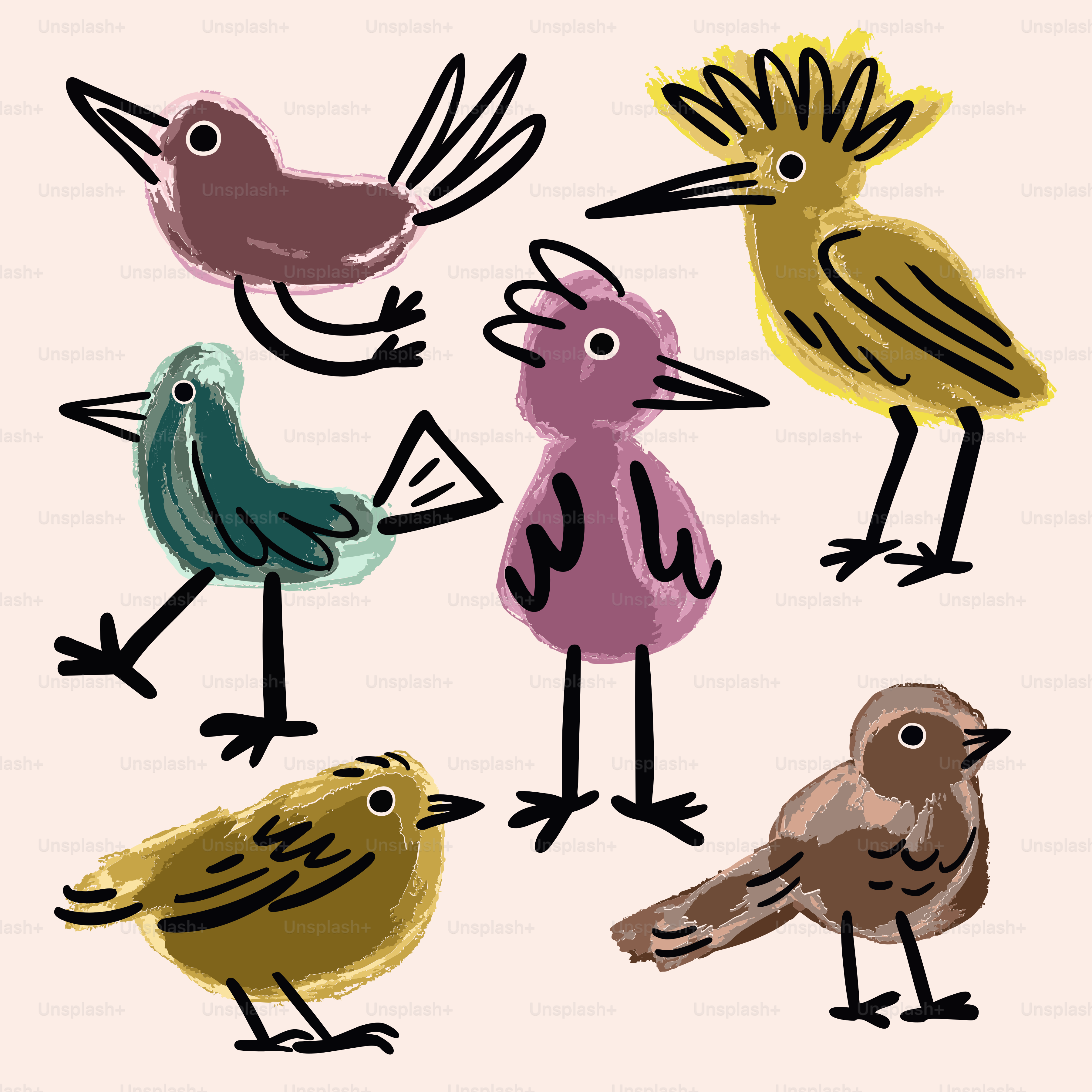 Colorful illustrations of adorable, abstract birds.