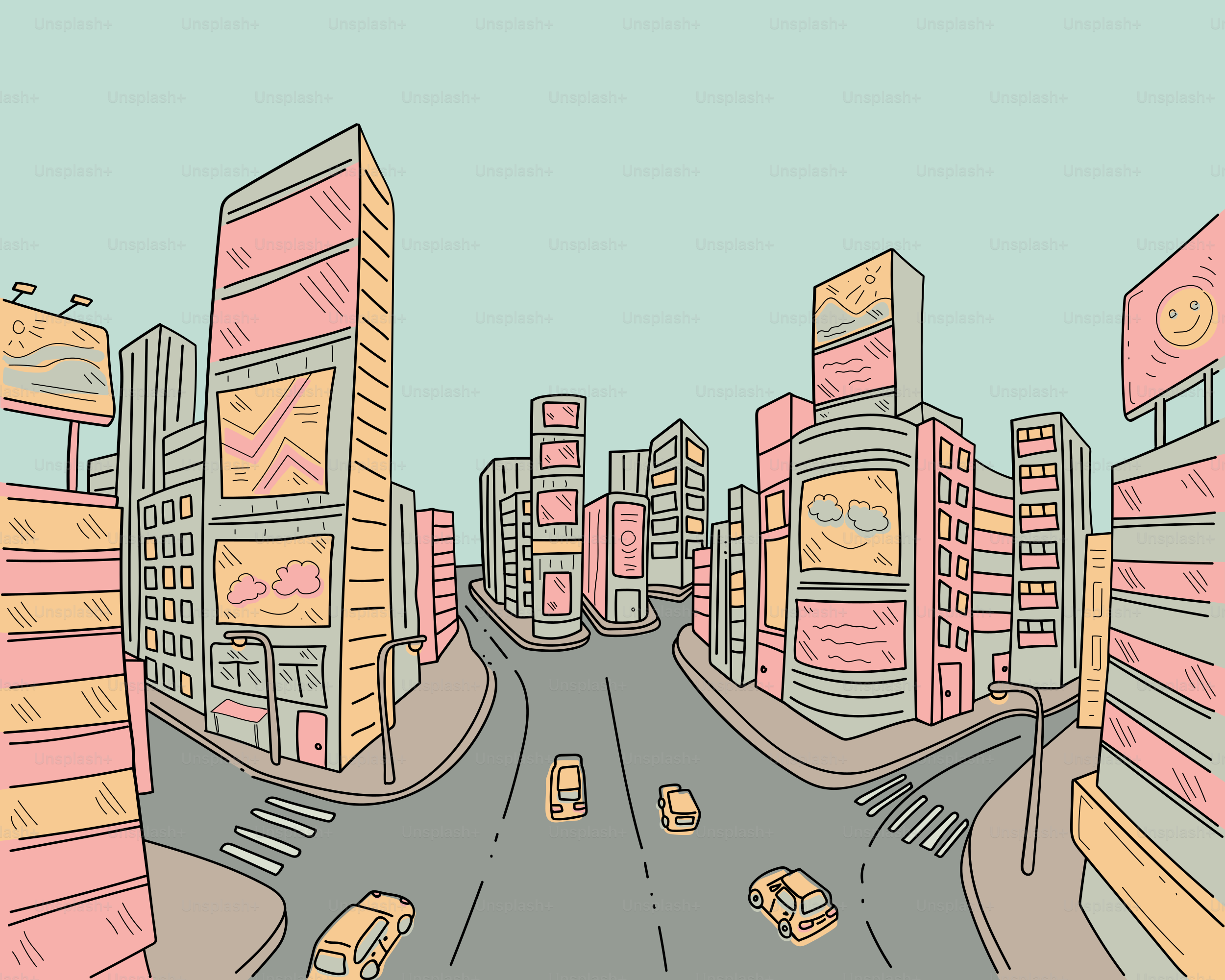 Cartoon city scene with buildings and vehicles.