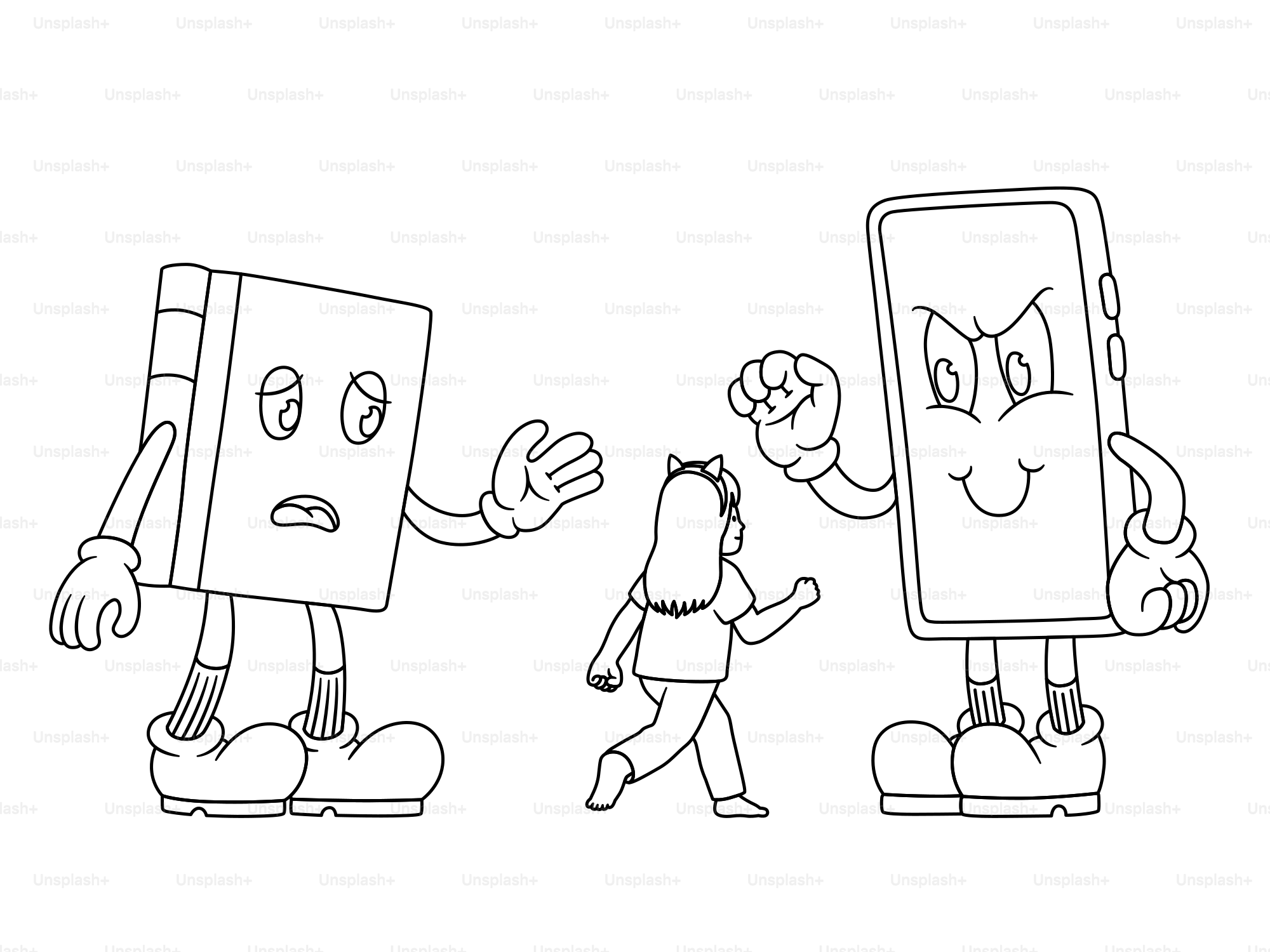 A phone and book battle for a girl's attention.