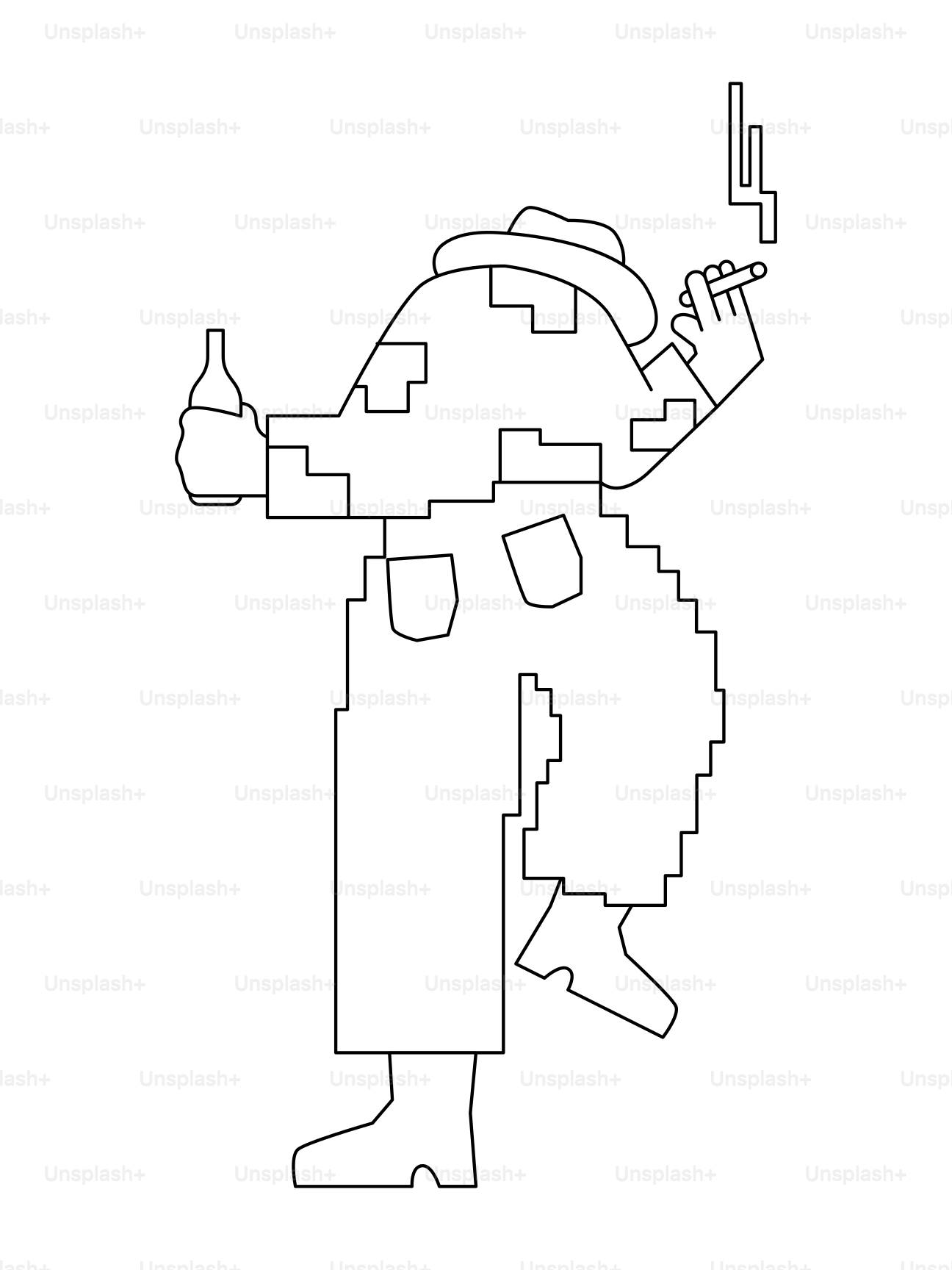 Betrunkene Gestalt trinkt und raucht.