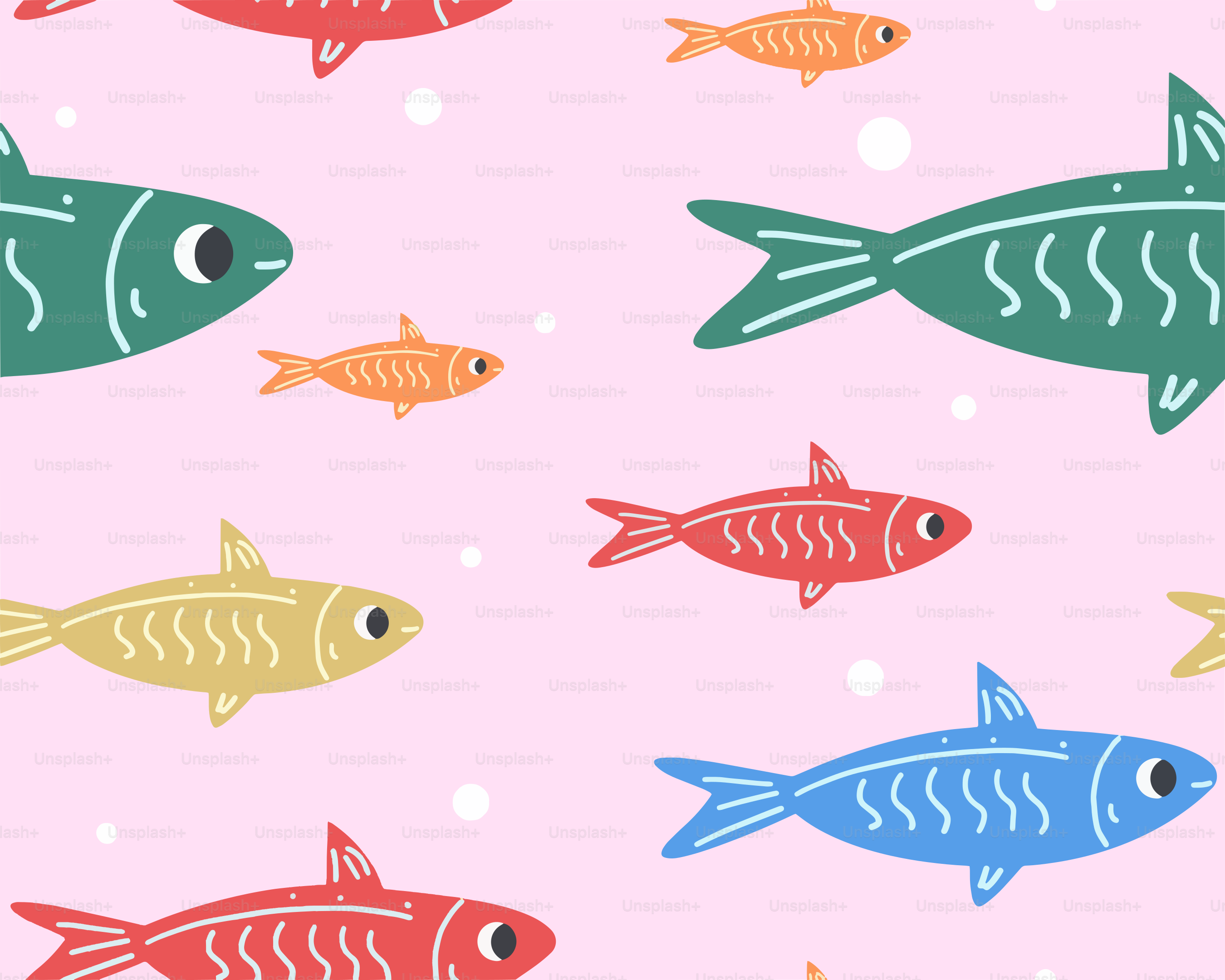 Colorful fish swim against a pink background.