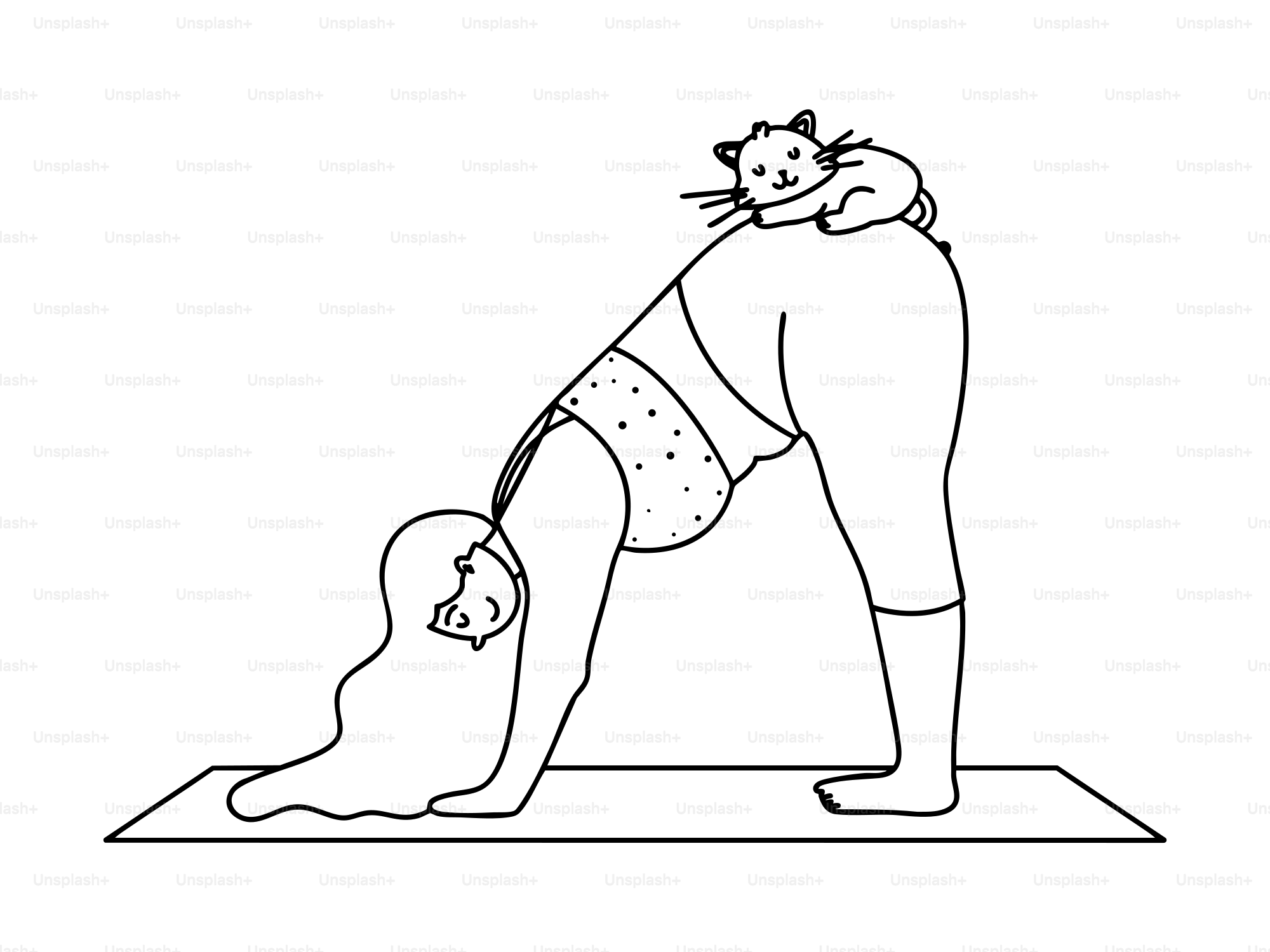 Woman does yoga with a cat on her back.