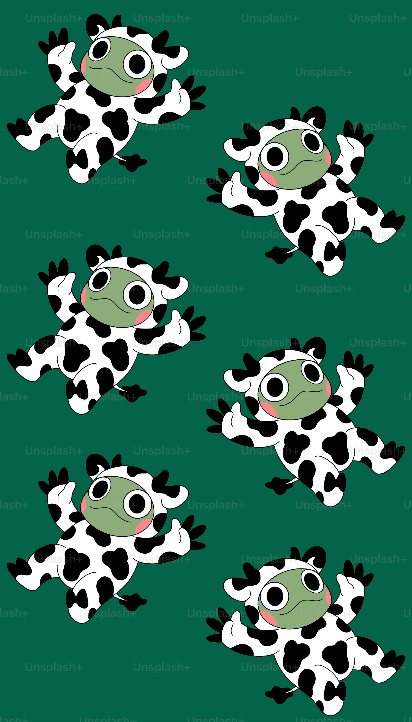Sapos em trajes de vaca dançam em um fundo verde.