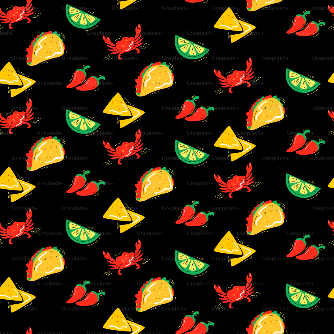 A pattern of tacos, chili peppers, and more!