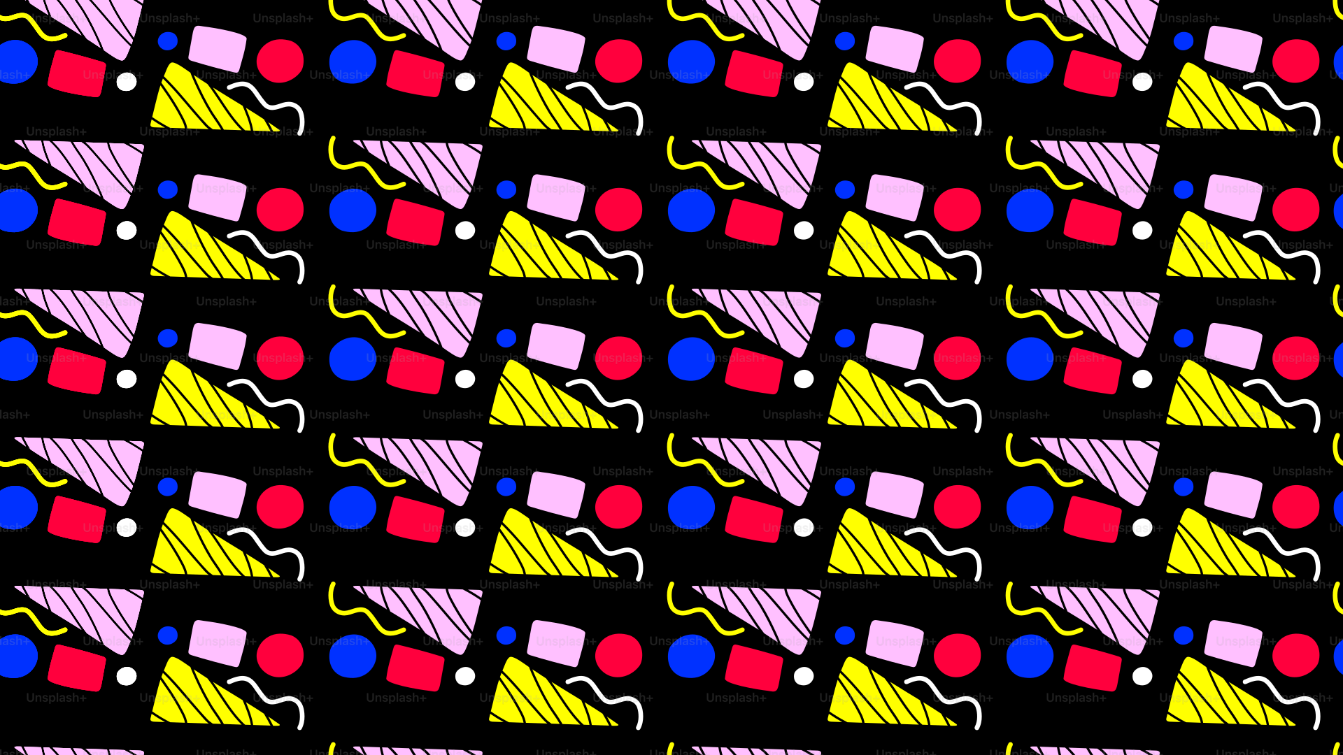 Colorful abstract shapes repeat on a black background.