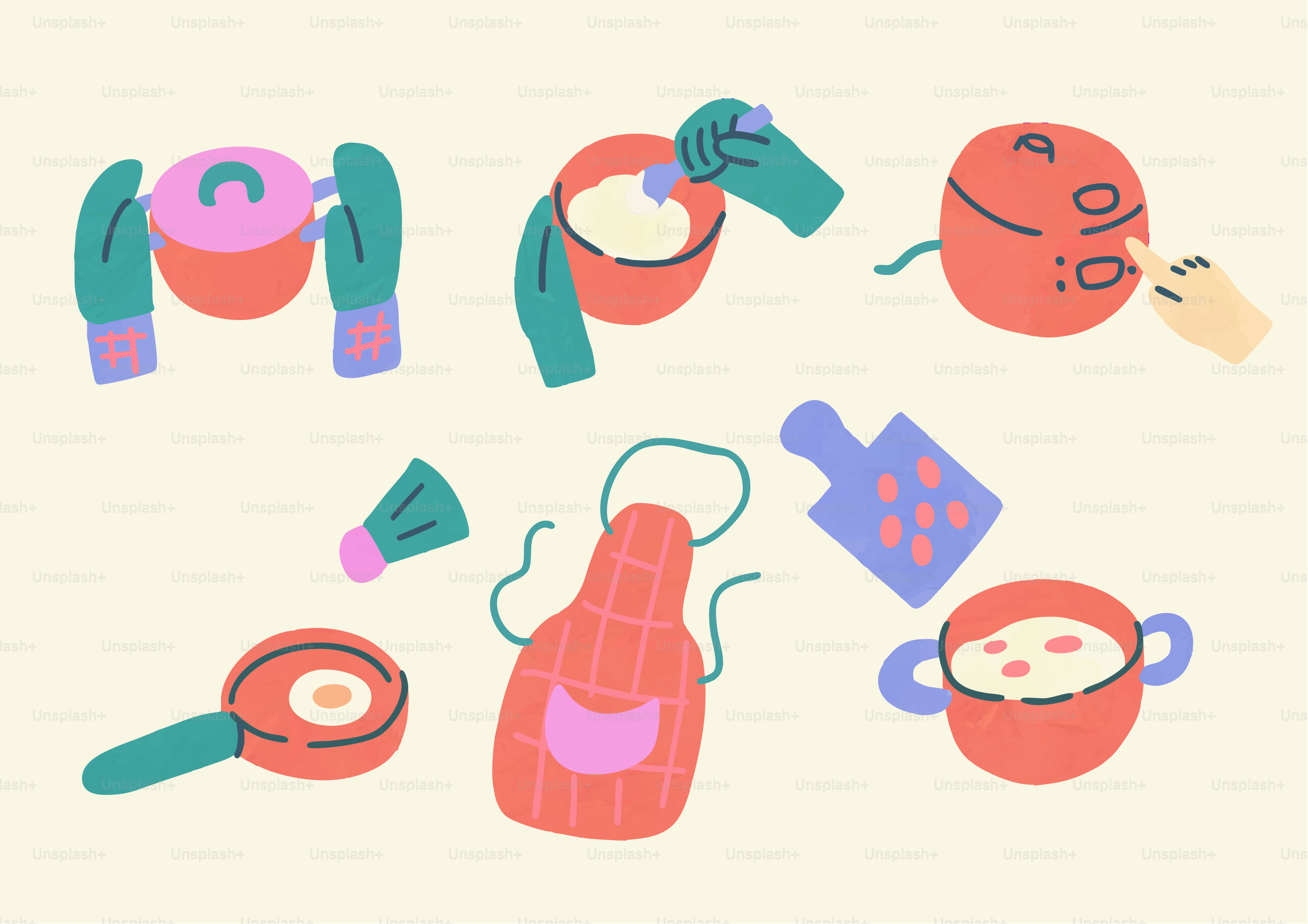 Les équipements de cuisine et les articles de préparation des aliments sont représentés.