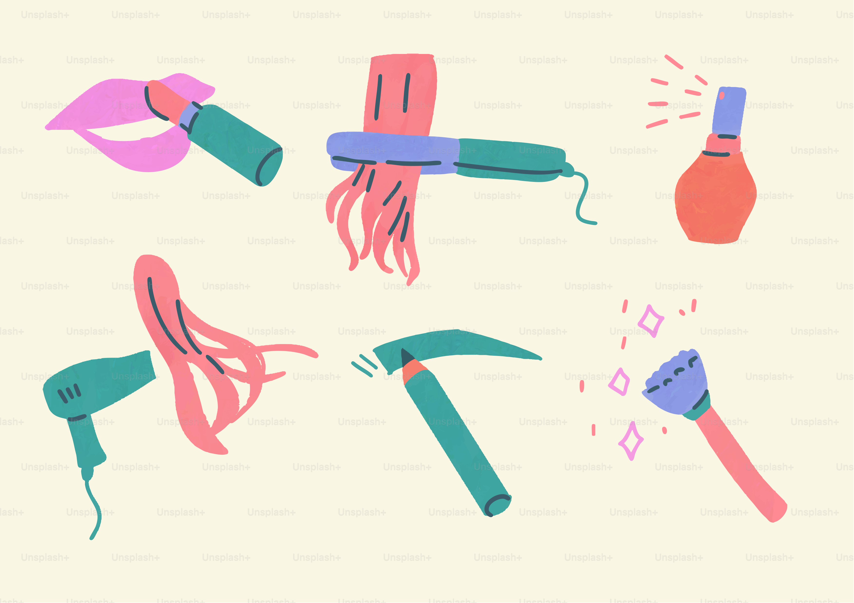 Various beauty tools and cosmetics are shown.
