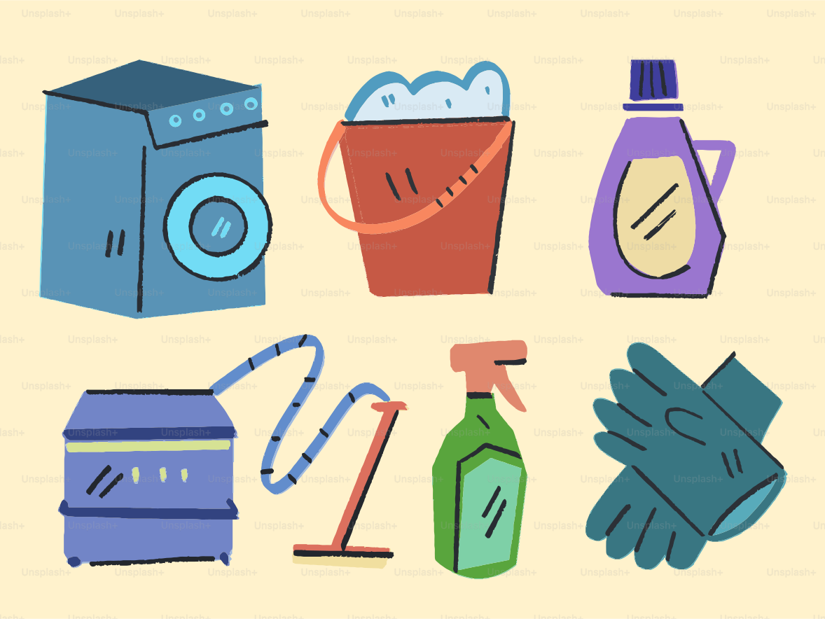 Cleaning supplies: washer, bucket, cleaner, vacuum, spray, and gloves.