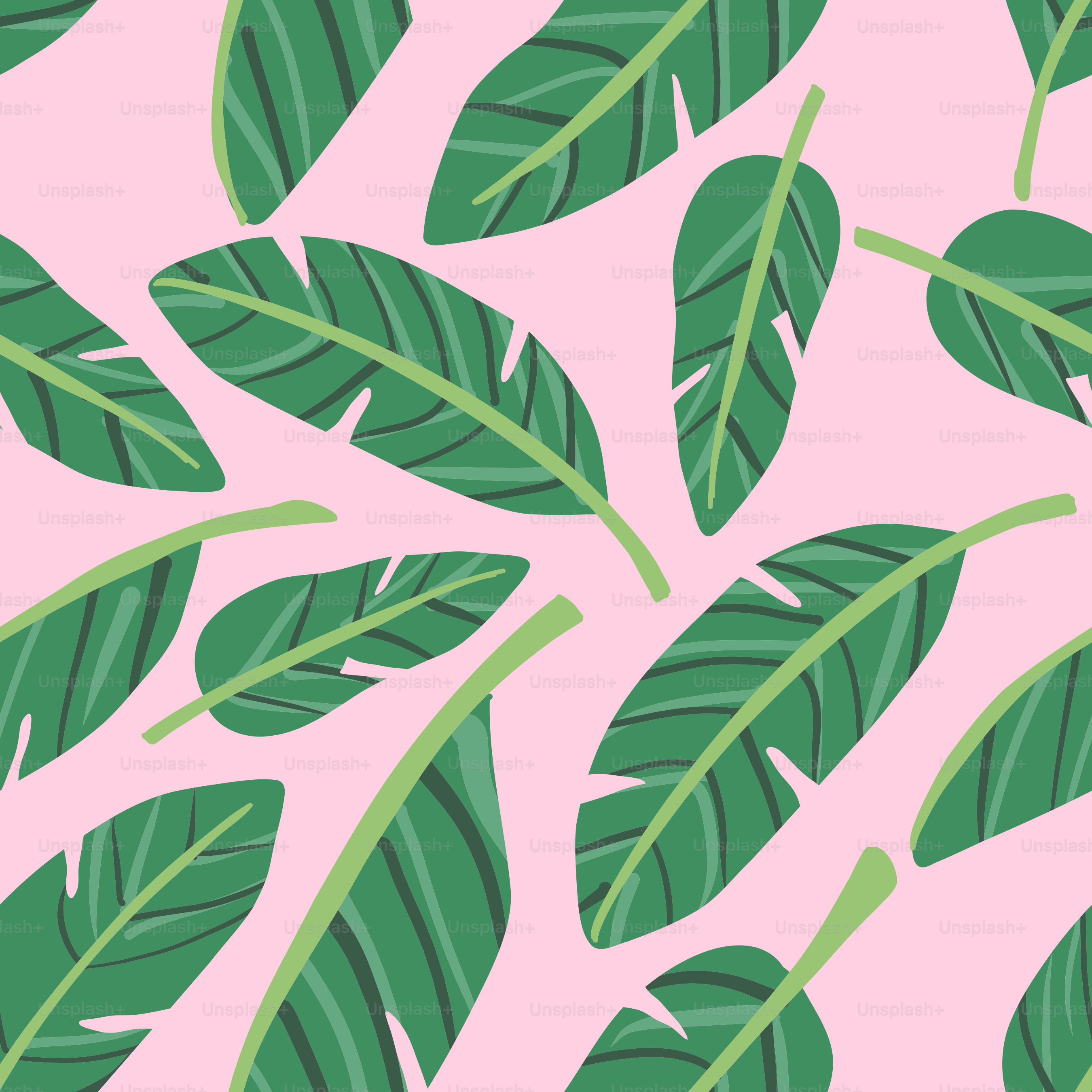 Green leaves are scattered on a pink background.