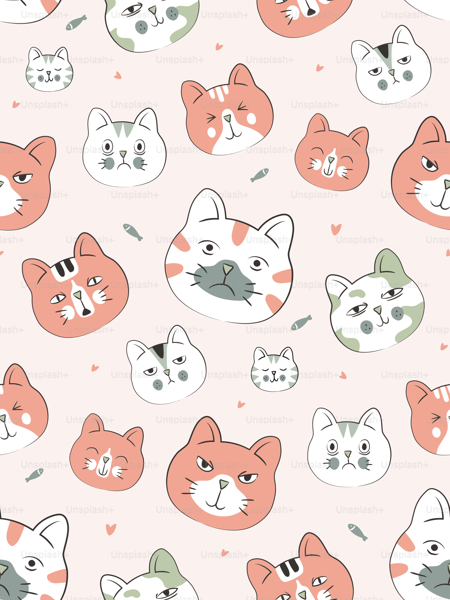 A pattern of cute cat faces on pink.
