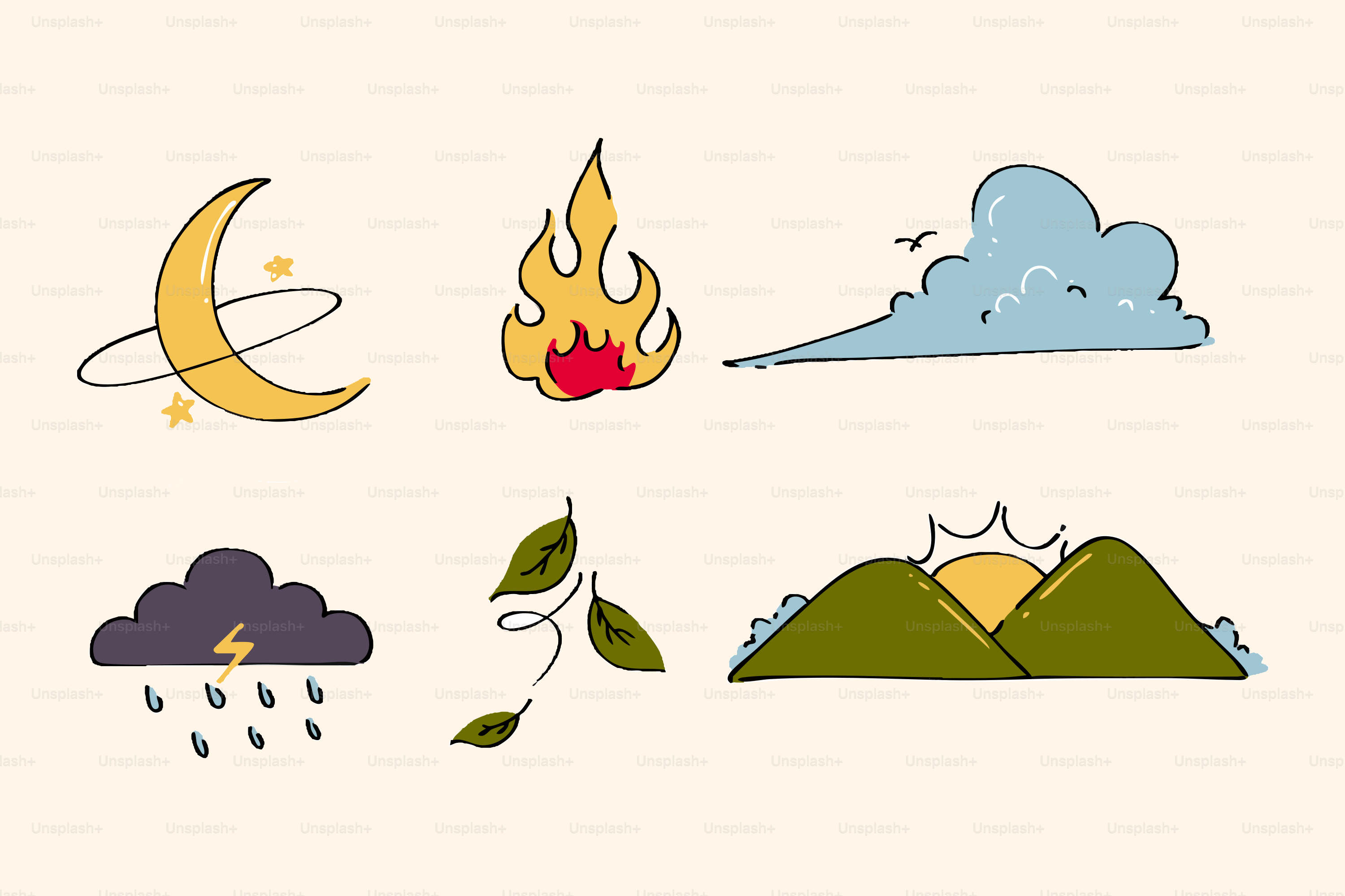 Weather and nature icons are displayed.