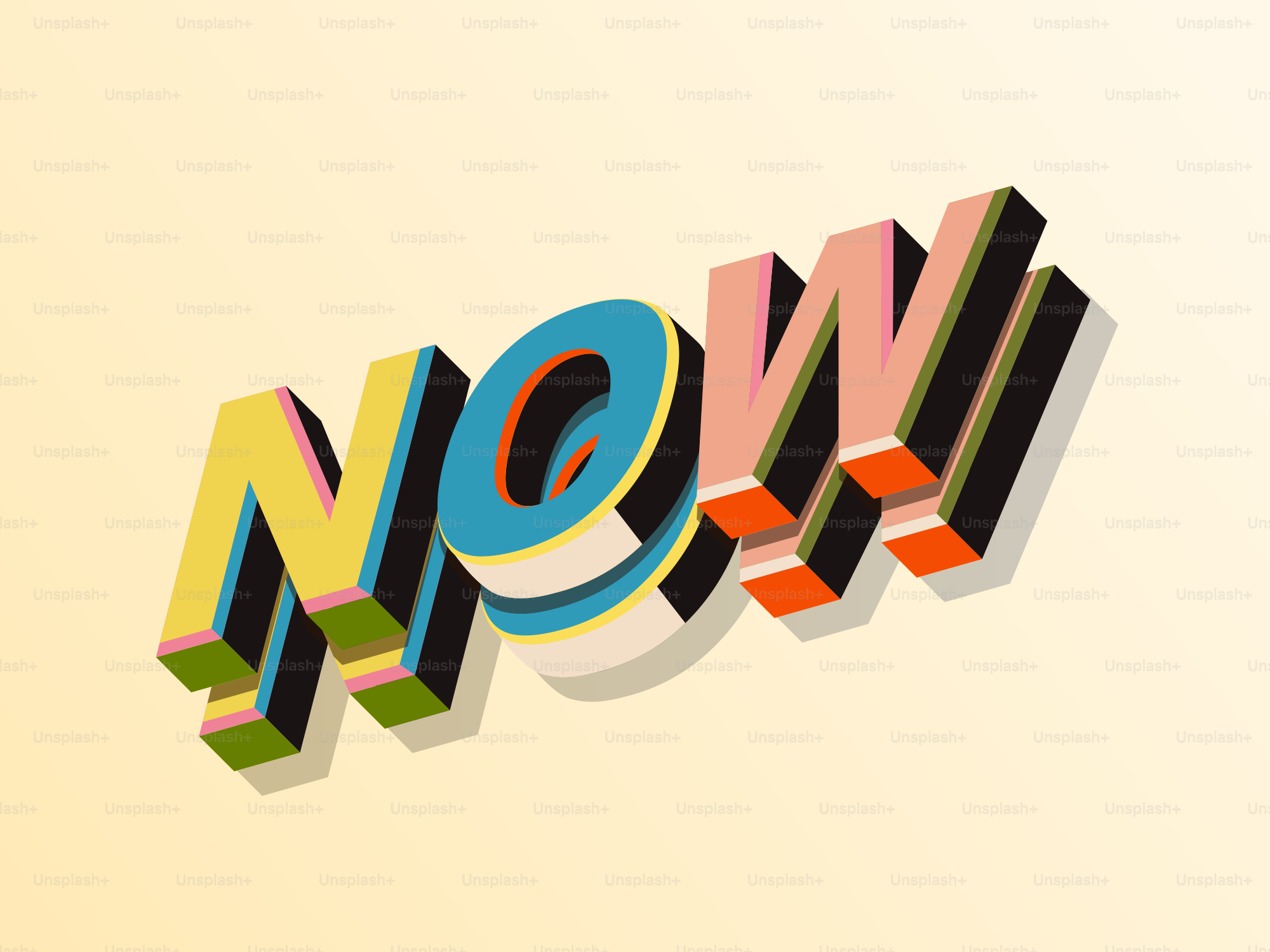 "now"라는 단어는 3D 블록 글자로 표현되어 있습니다.