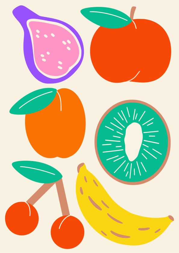 Colorful illustrations of different kinds of fruit.