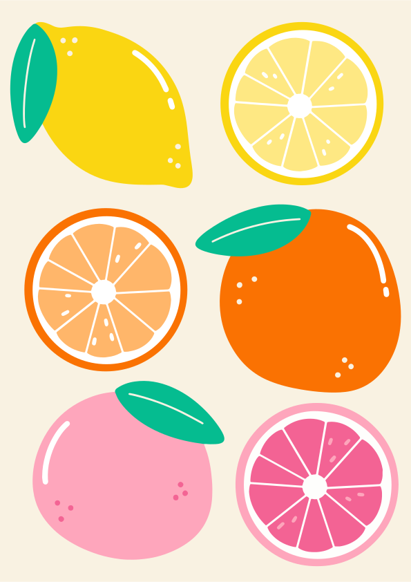 Colorful drawings of citrus fruits adorn the page.