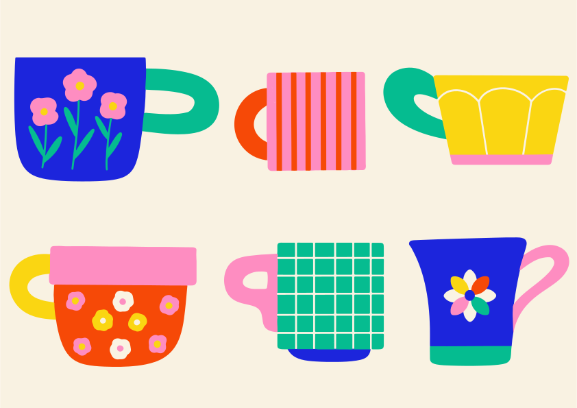 Colorful, patterned mugs are arranged in two rows.