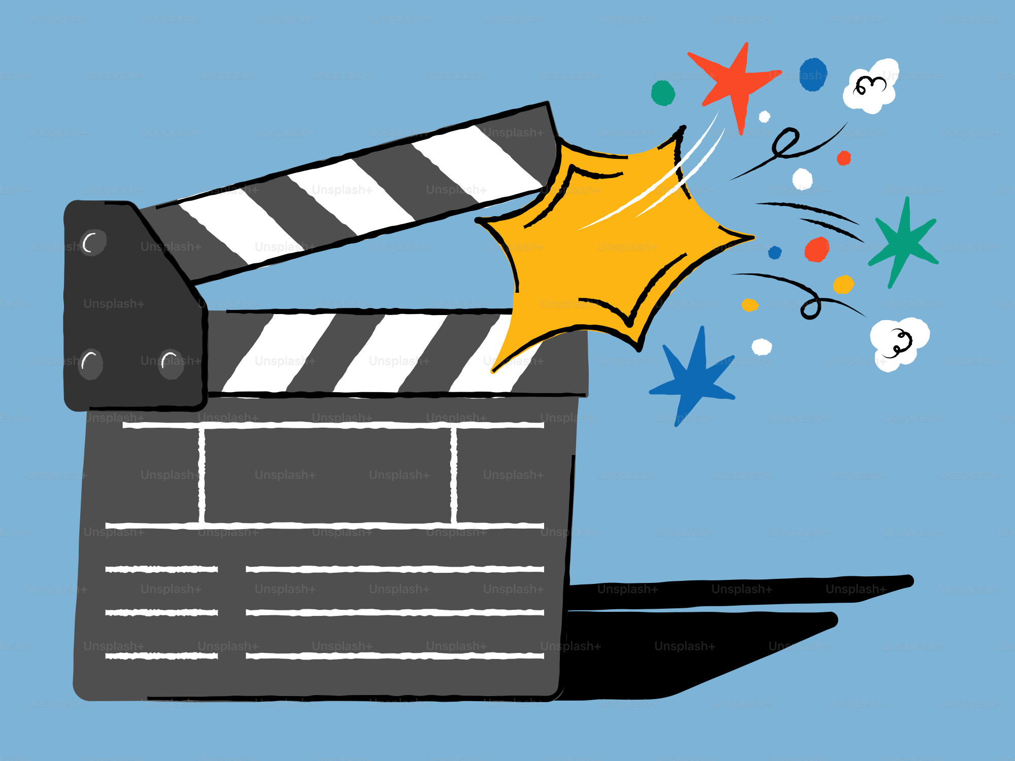Clapperboard with creative and colorful explosions.