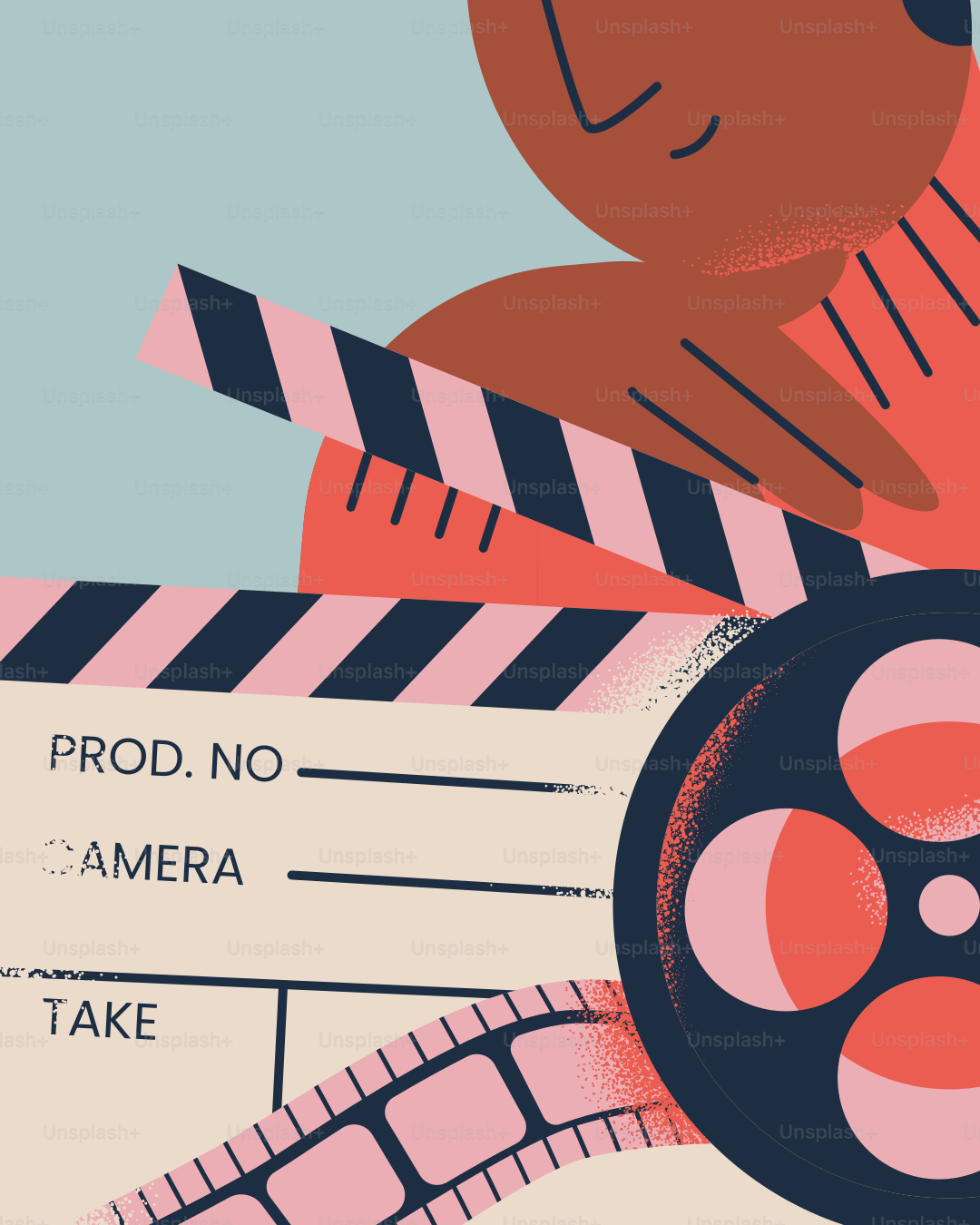 Filmklapperbrett und Filmrollenillustration.