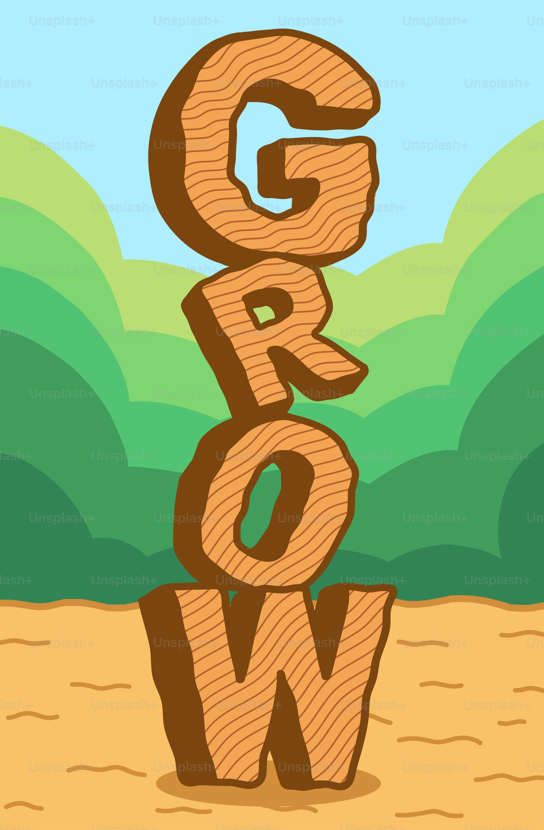 The image is a stylized illustration of the word "grow."