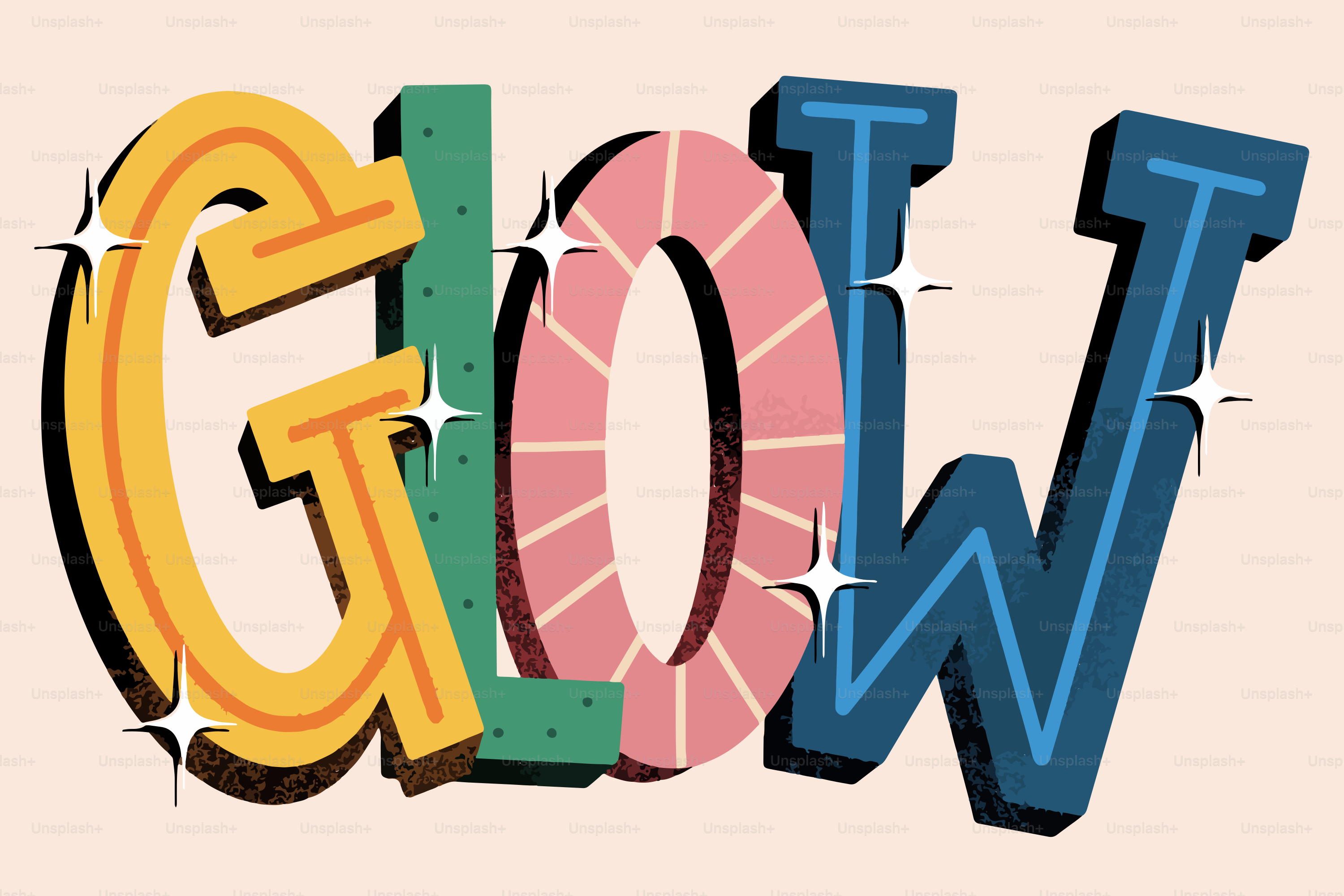 The word "glow" in retro, colorful lettering.
