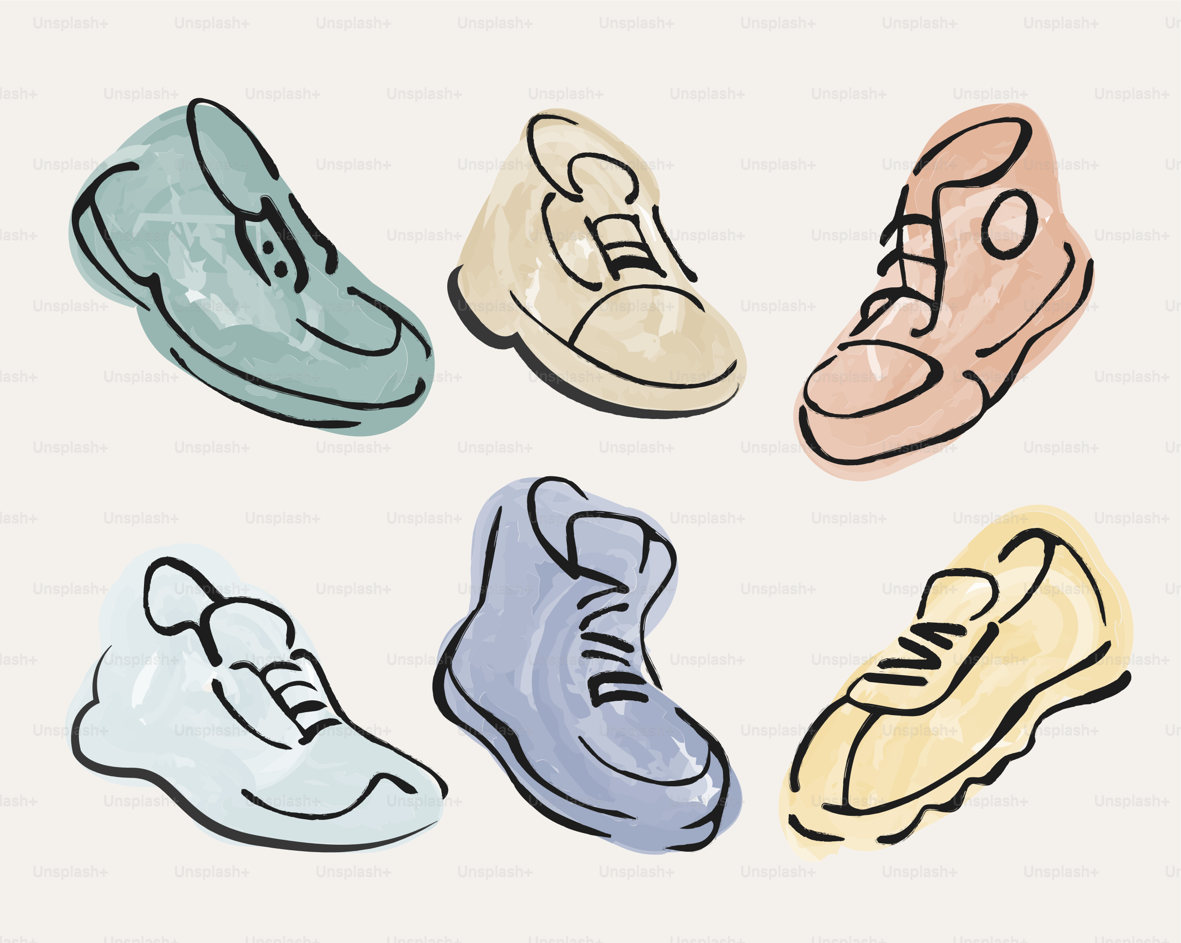 Six colorful shoes illustrated in an artistic style.