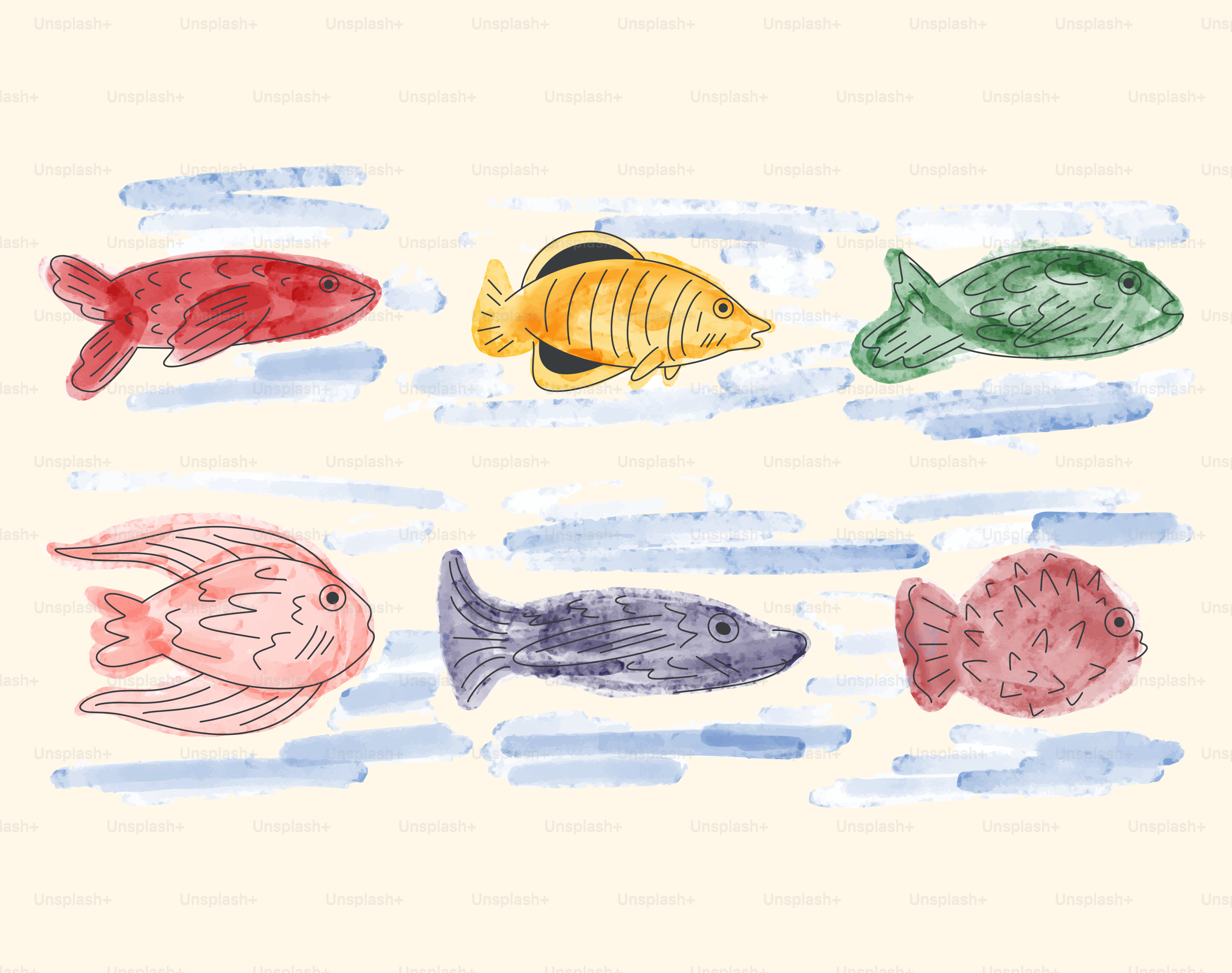 Several colorful fish swim in watercolor style.