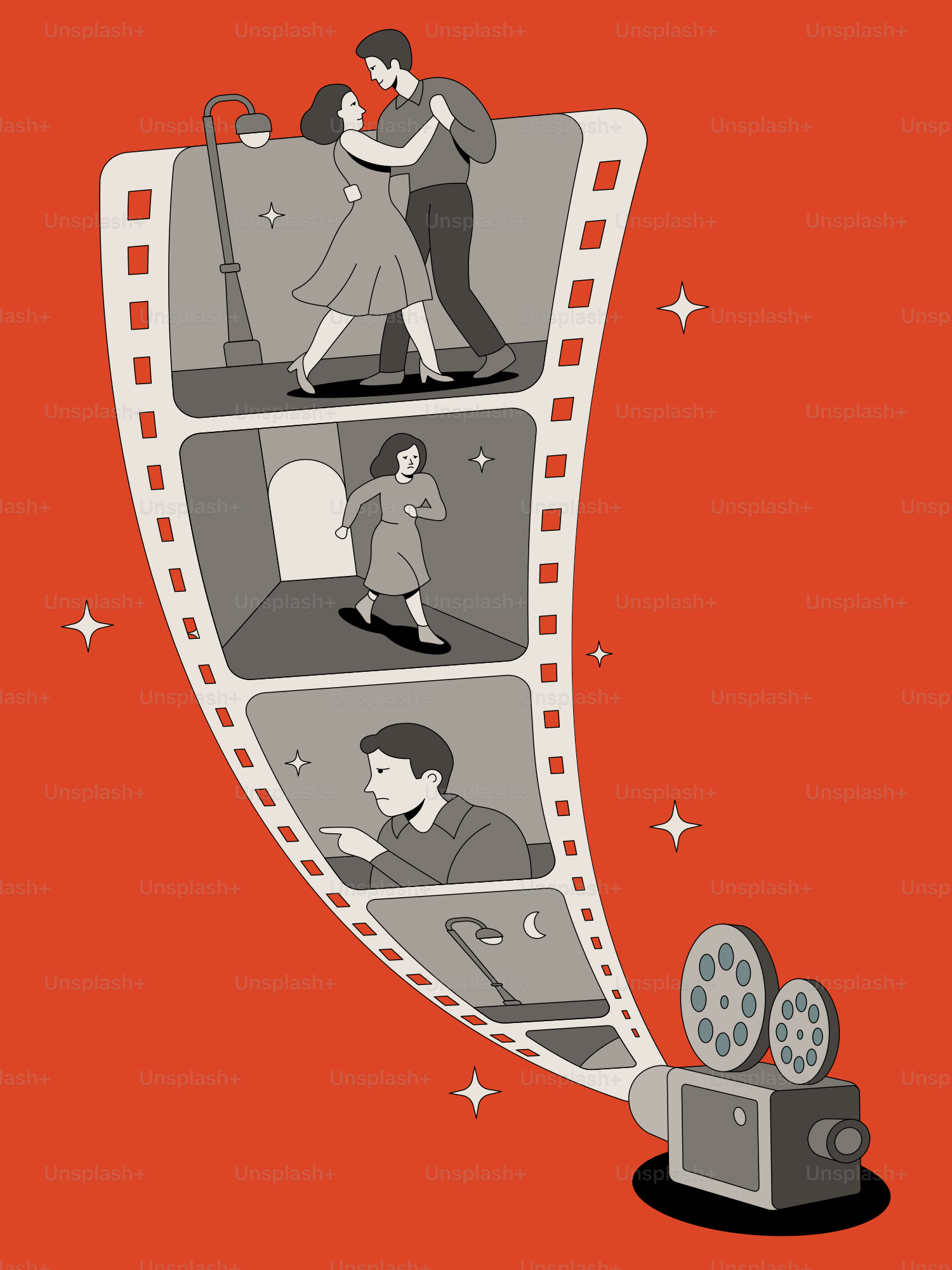 Une bobine de film présente des scènes romantiques.