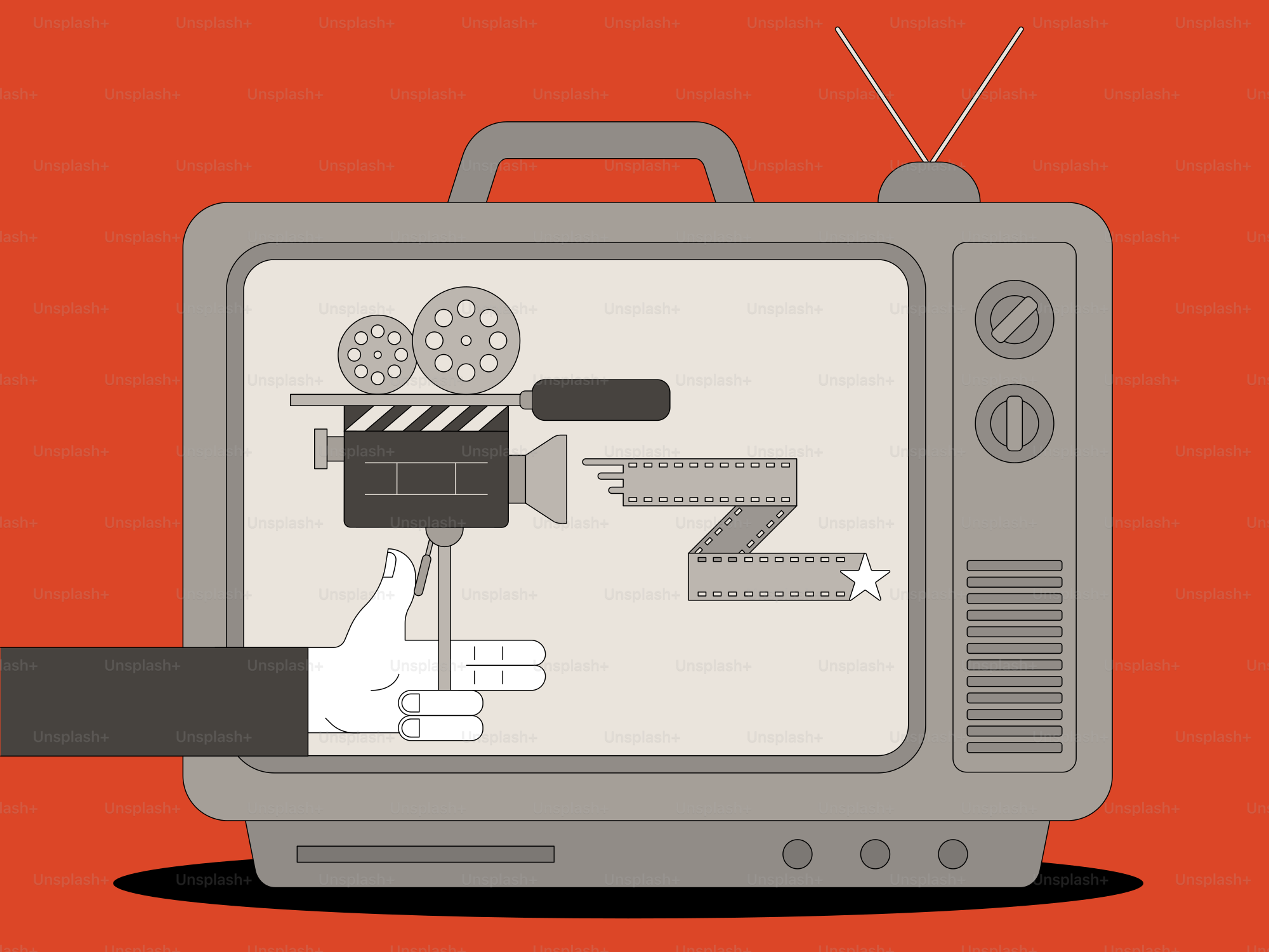 Equipo de producción cinematográfica mostrado en una televisión retro.