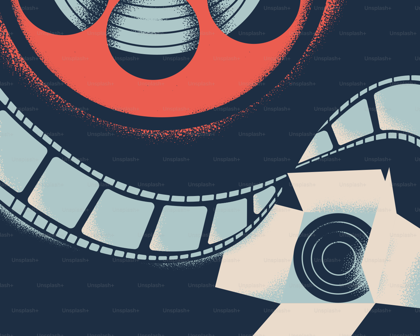 Bobines de film, strips et projecteurs représentant l’industrie cinématographique.