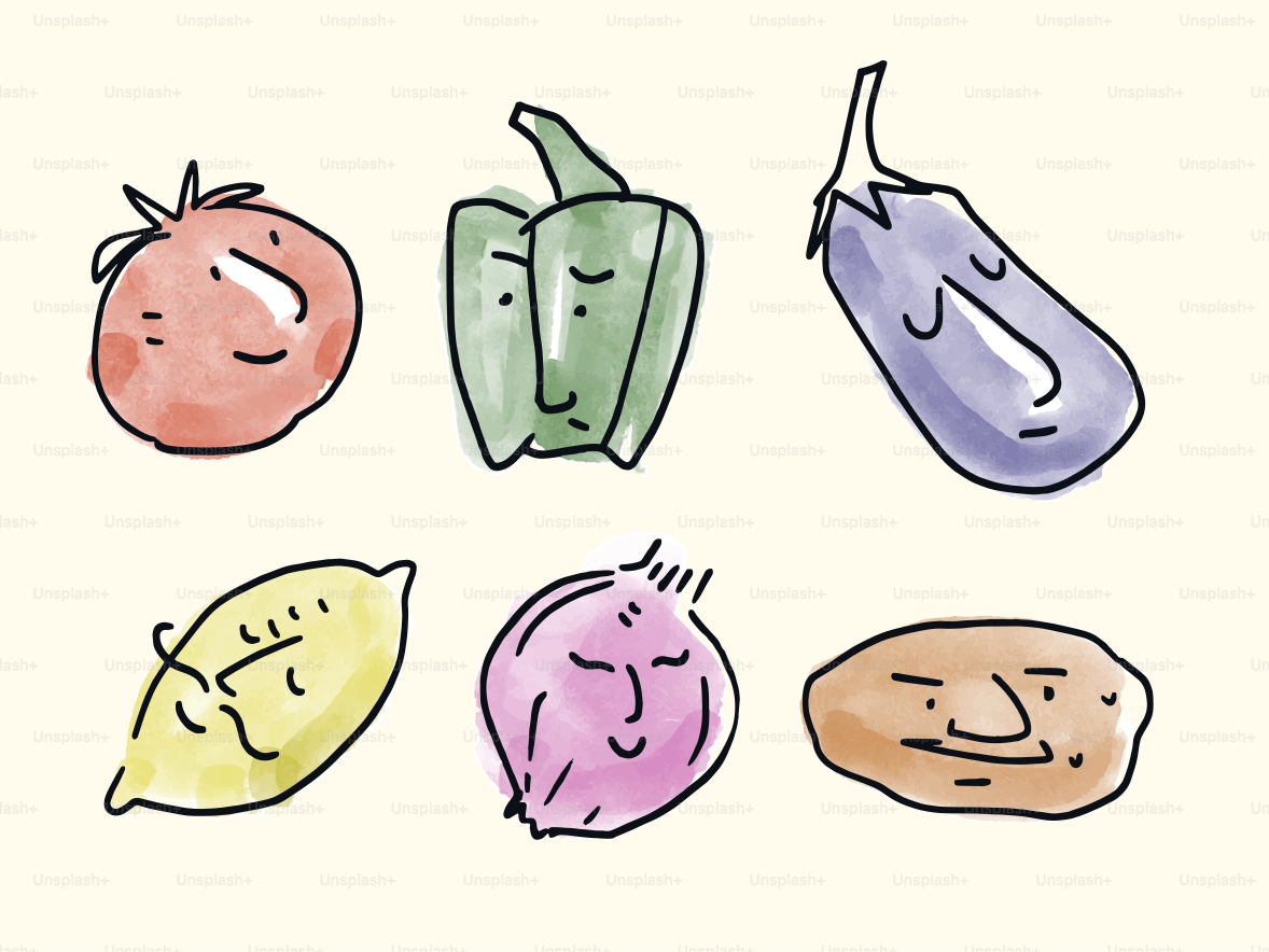 Vegetables with whimsical, painted faces.