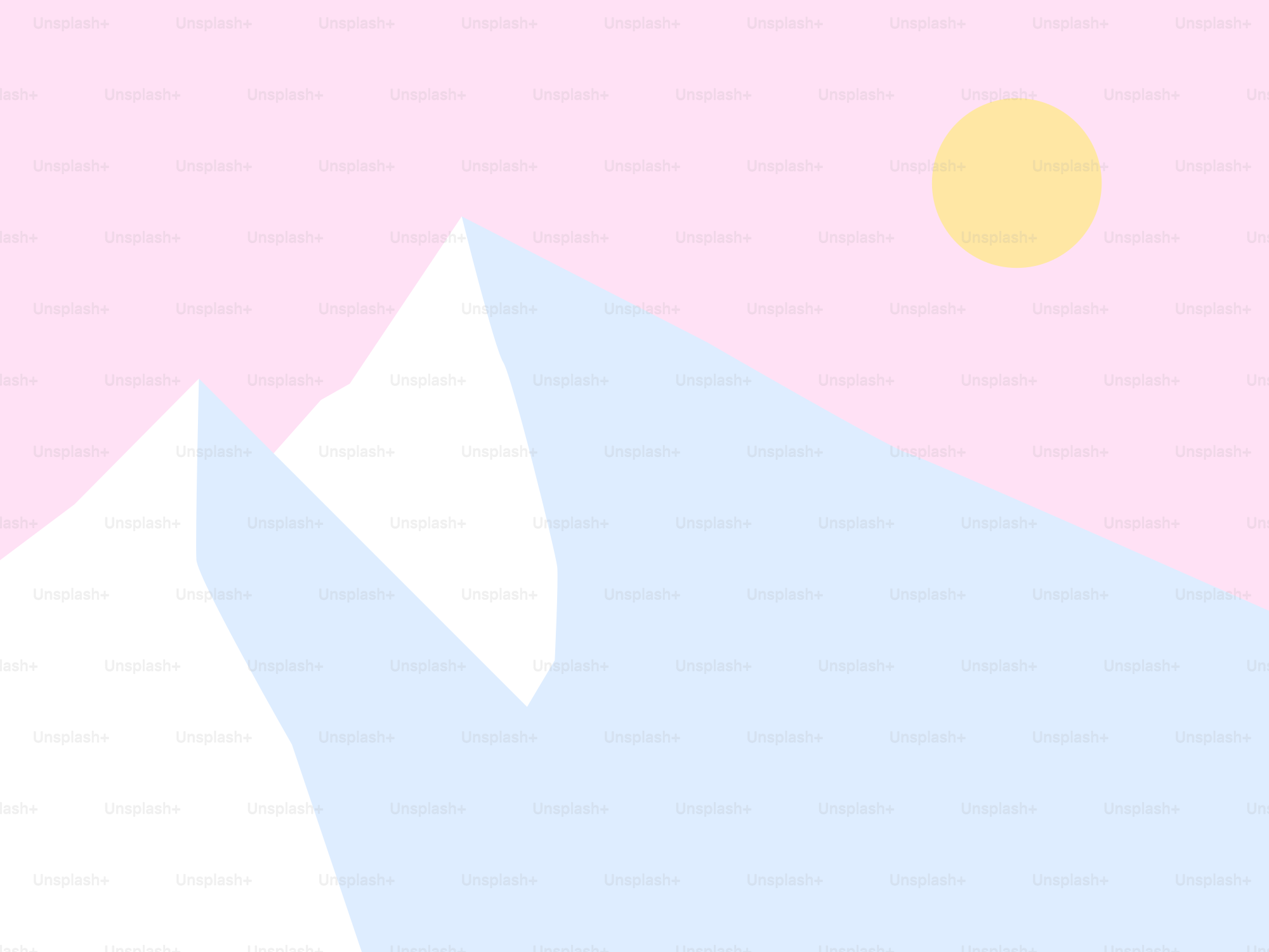 Mountains are under a pink sky with a sun.
