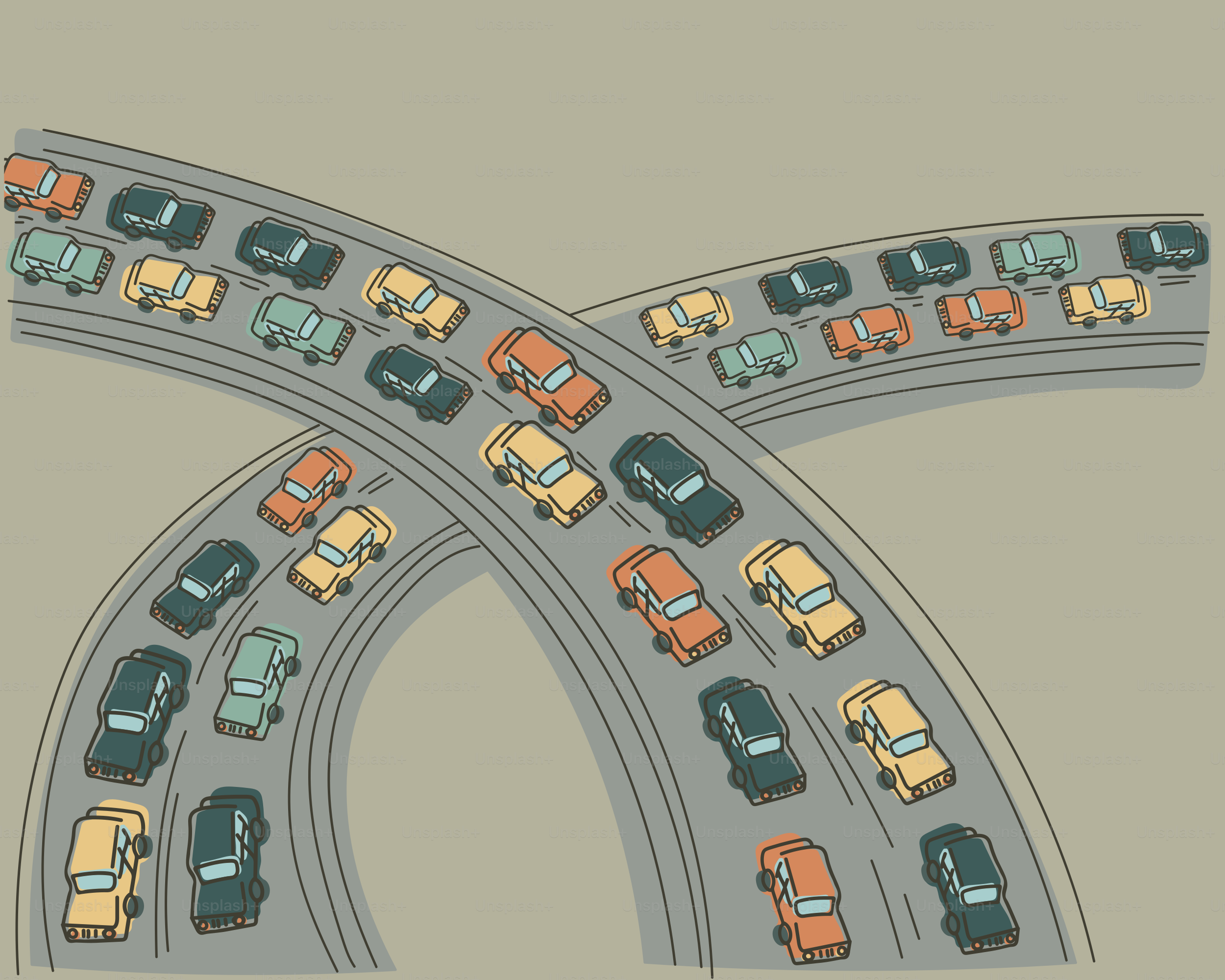 Cars are stuck in traffic on a highway intersection.