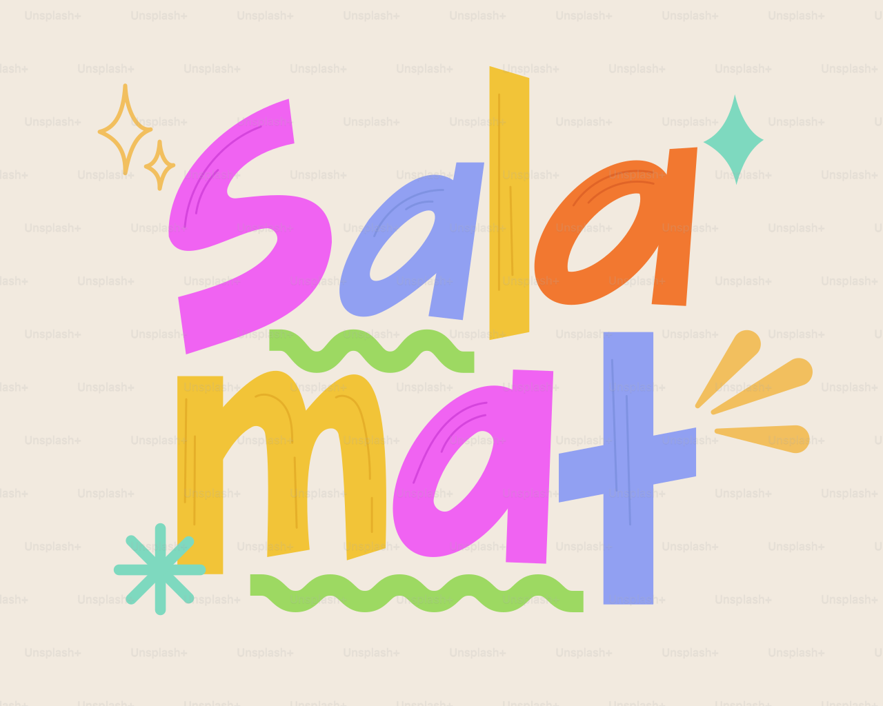Gambar menampilkan kata "salamat" dalam huruf warna-warni.