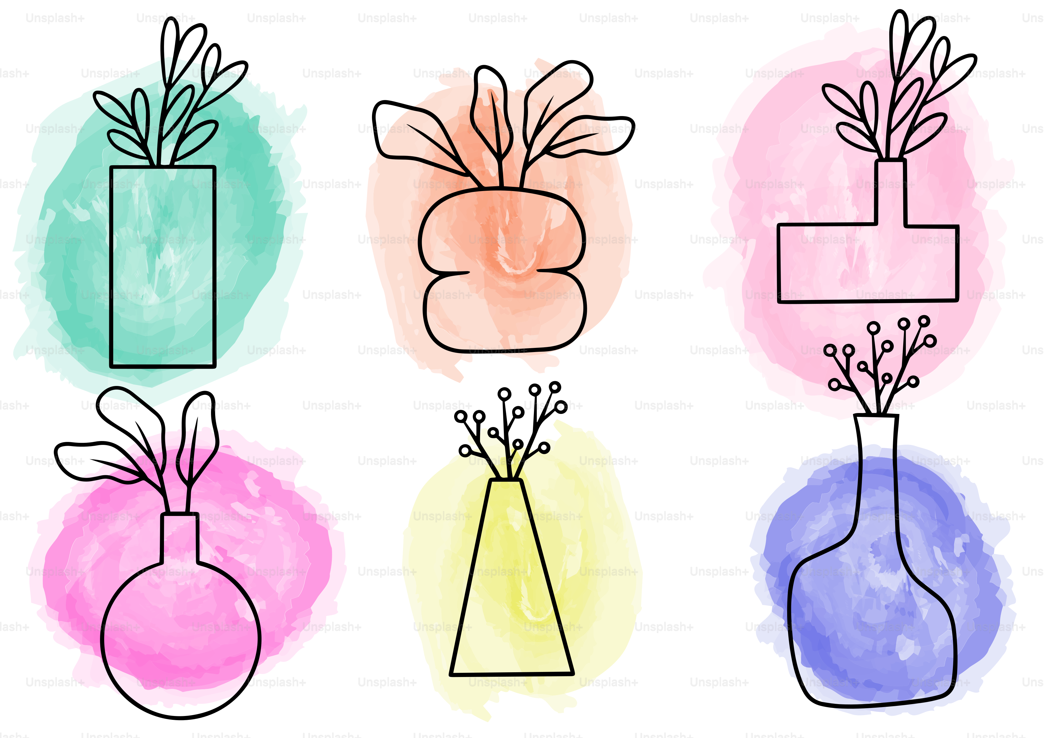 Outline drawings of vases with watercolor backgrounds. vector – Aesthetic  Image on Unsplash, image size:3000x2121