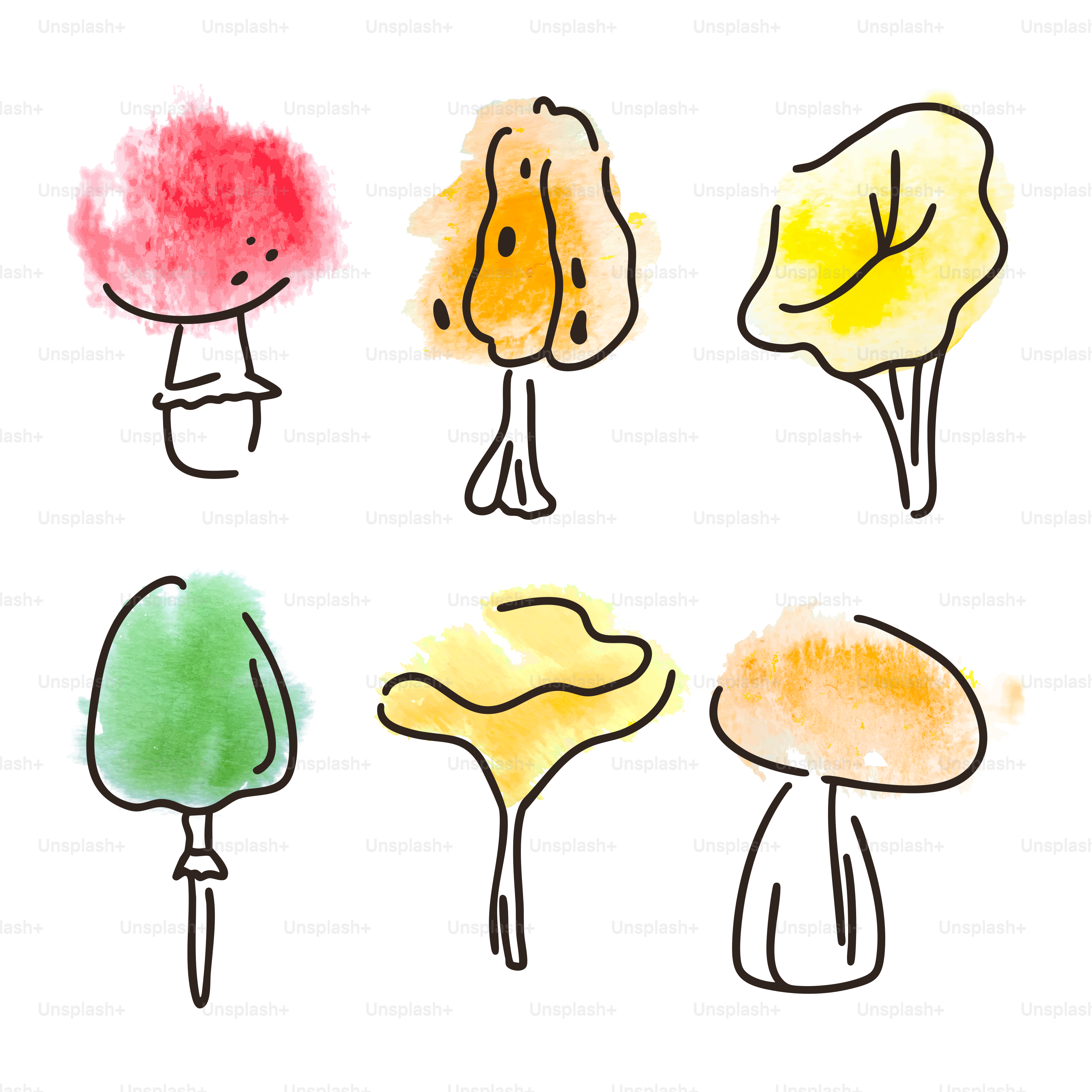 Des arbres aquarellés sous différentes formes et couleurs.