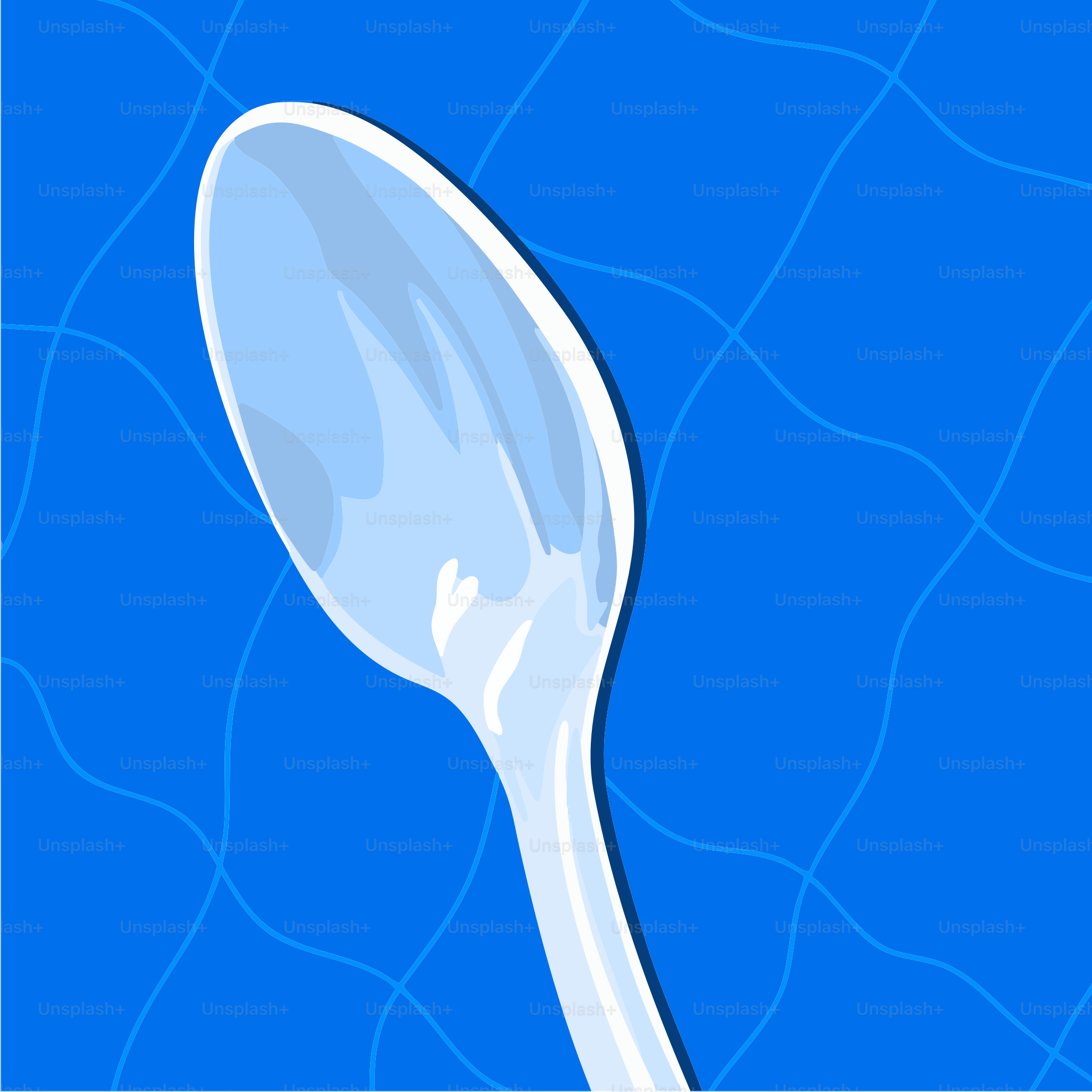 A clear spoon on a blue, wavy background.