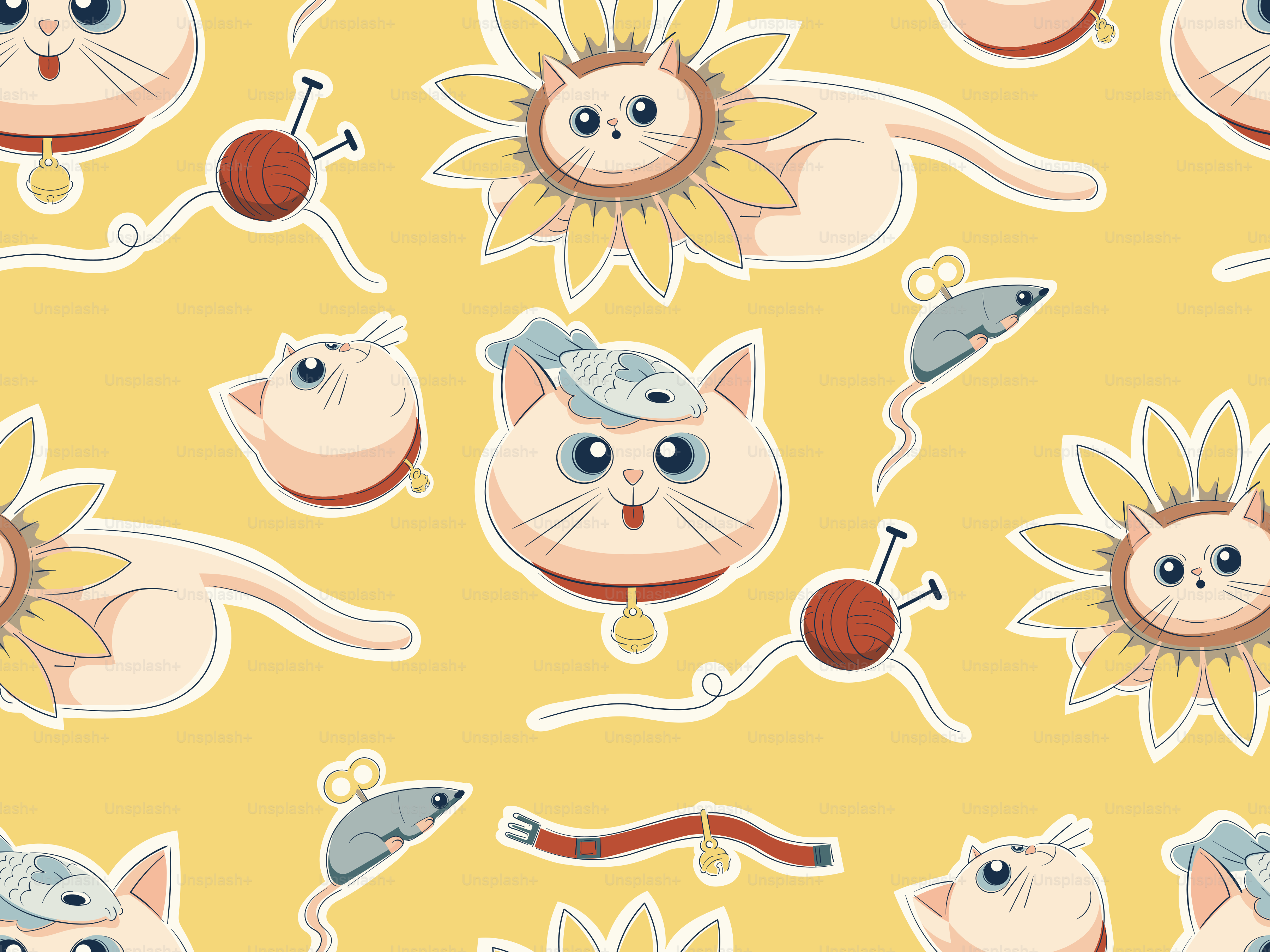 Cute cartoon cats with mice and yarn.