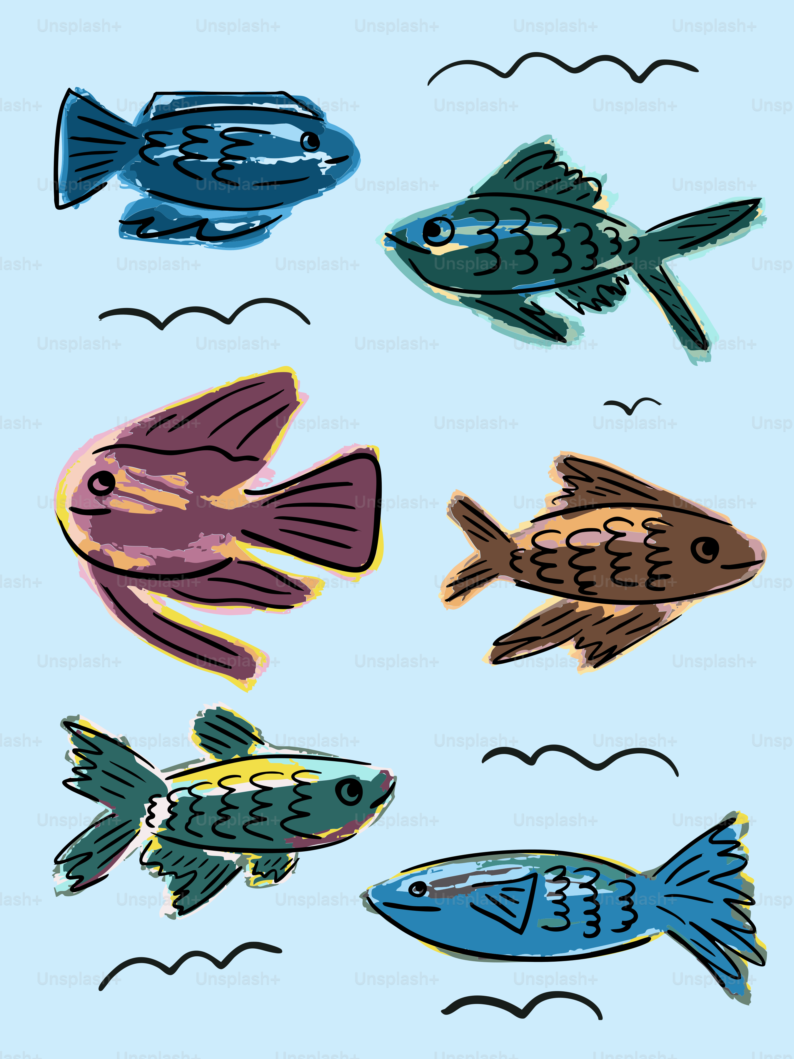 Colorful, abstract fish swim among wavy lines.