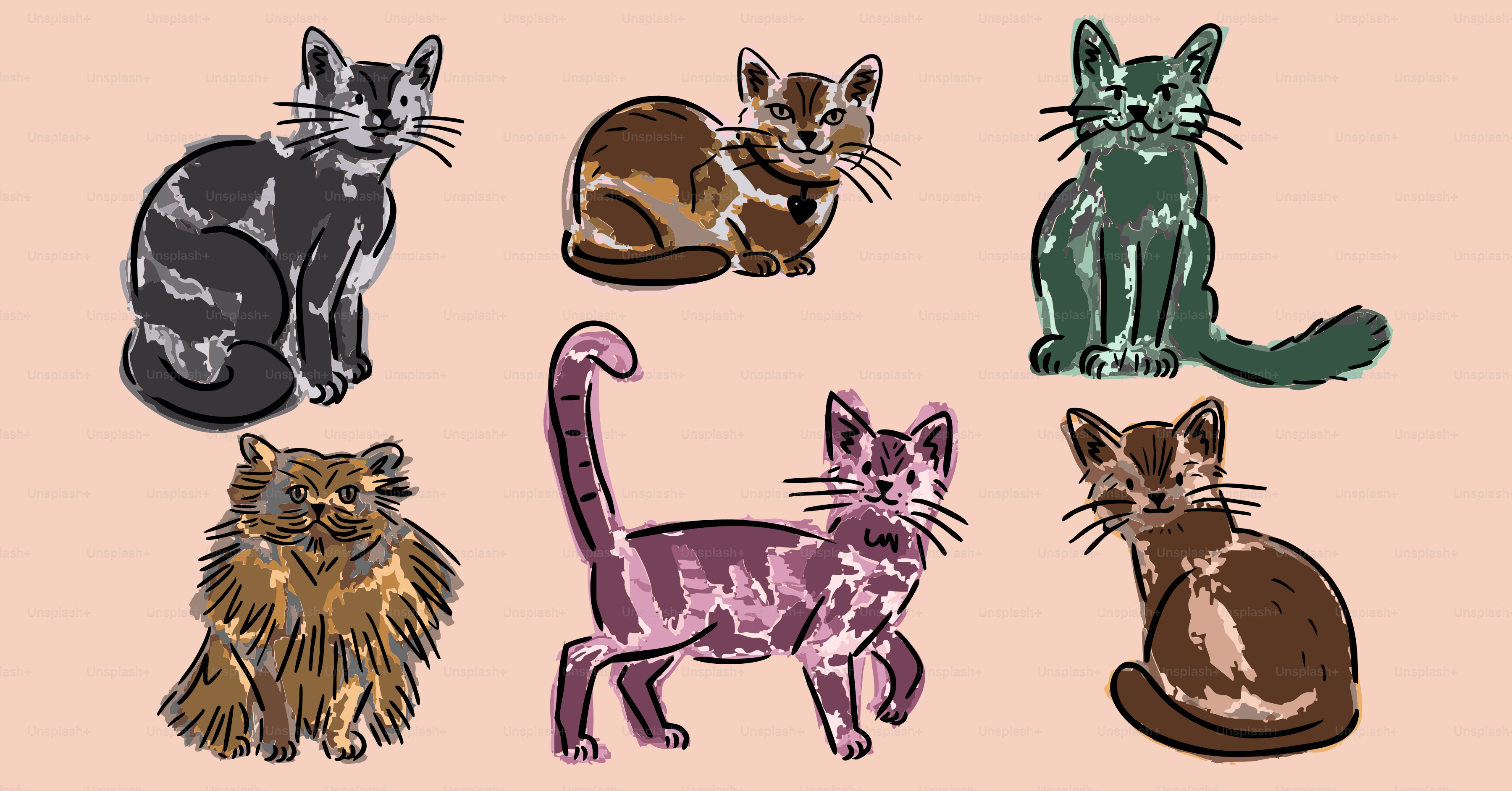 Six colorful cat illustrations on a soft pink background.
