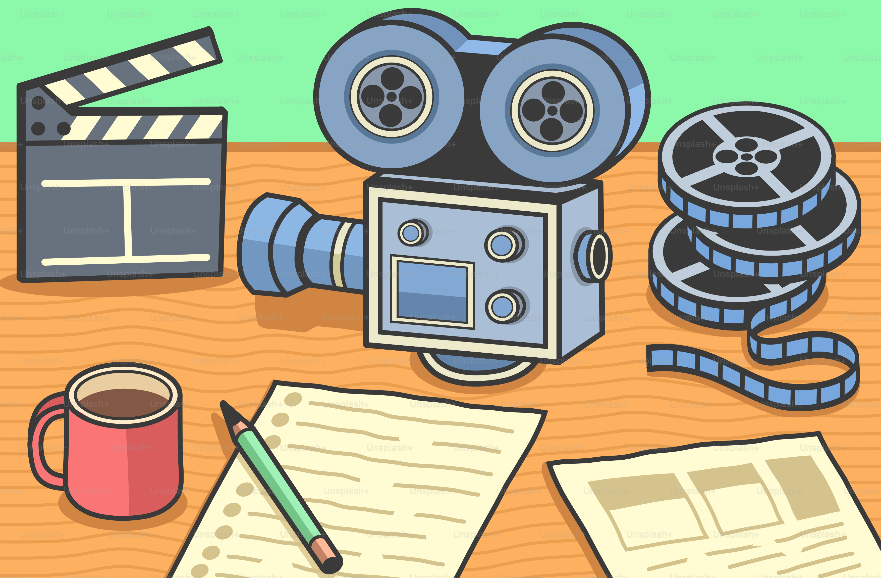 Peralatan pembuatan film disusun di atas meja.