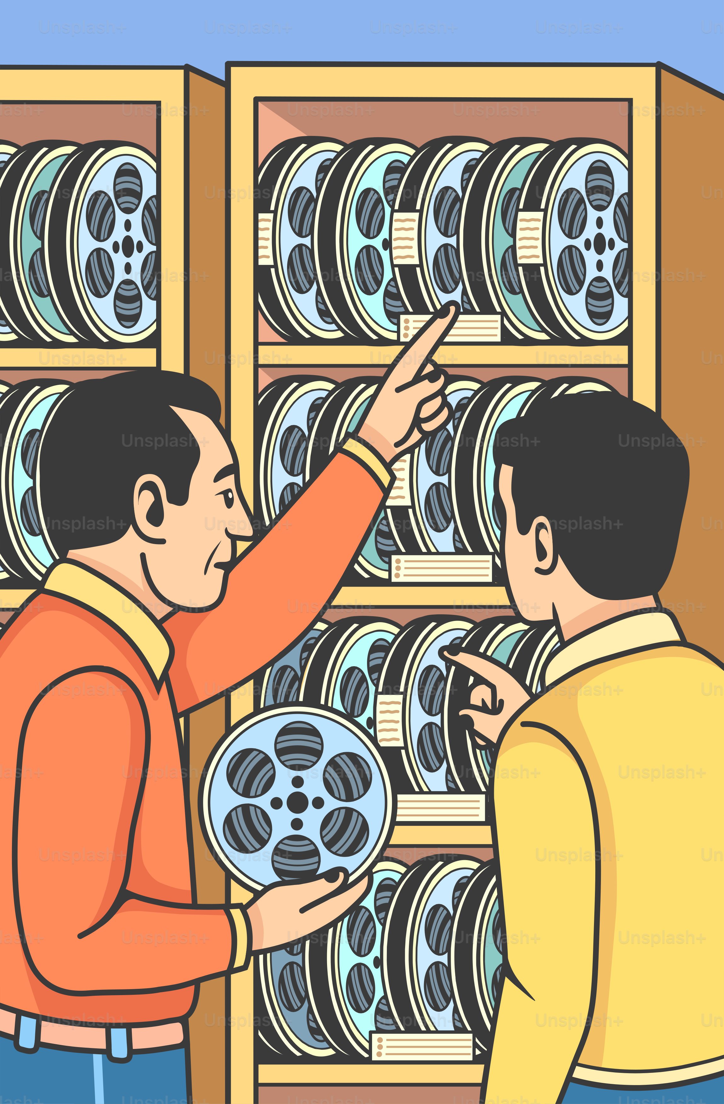 Man shows a film reel to another man.
