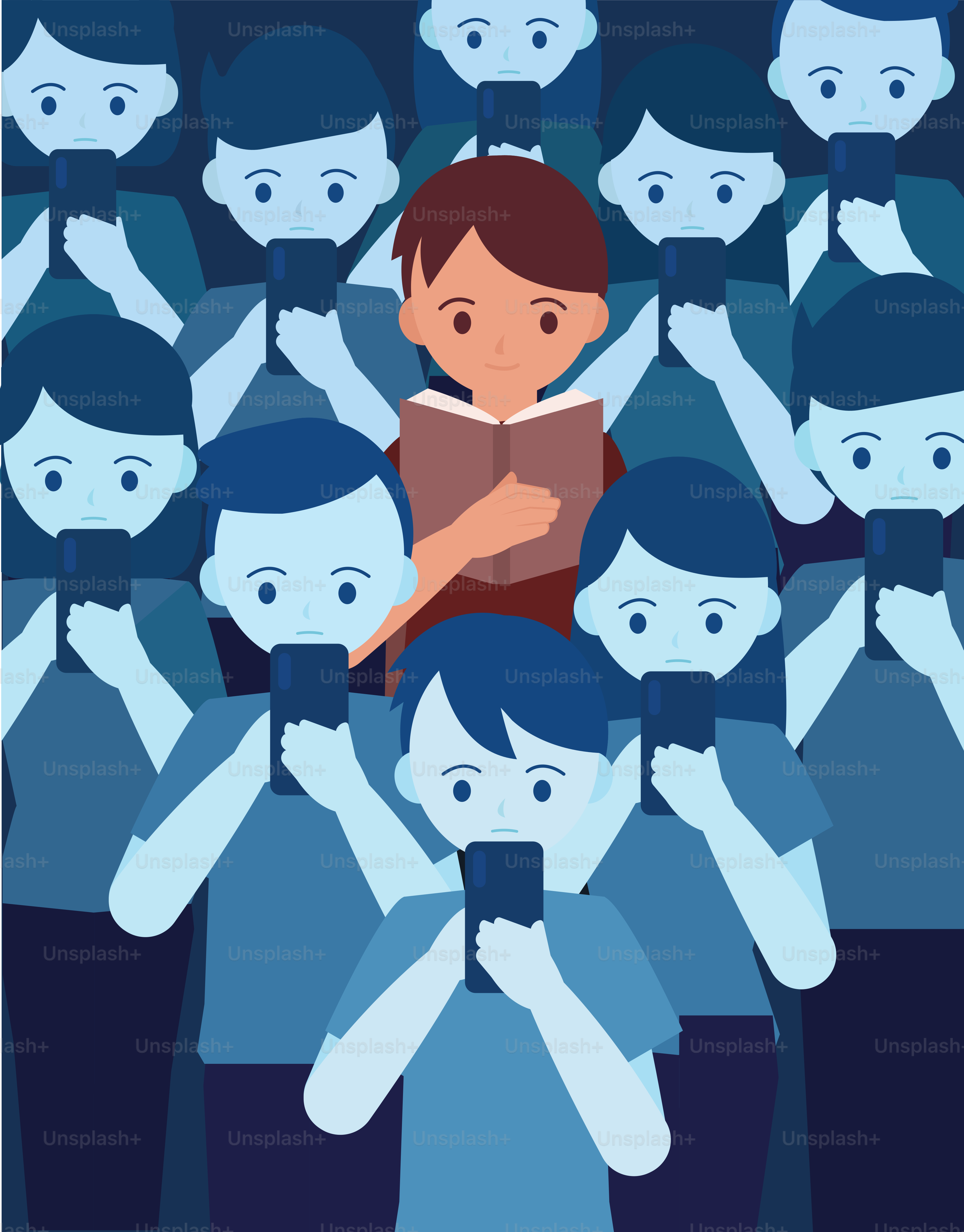 Boy reads a book amid people using phones.