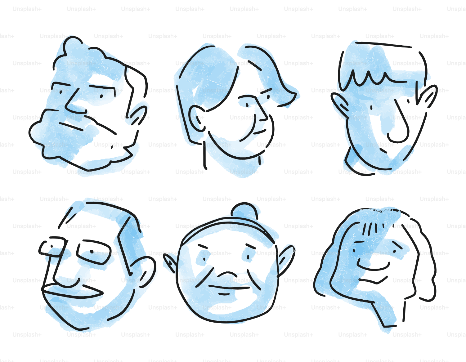 Six stylized, blue-ink portraits of different faces.